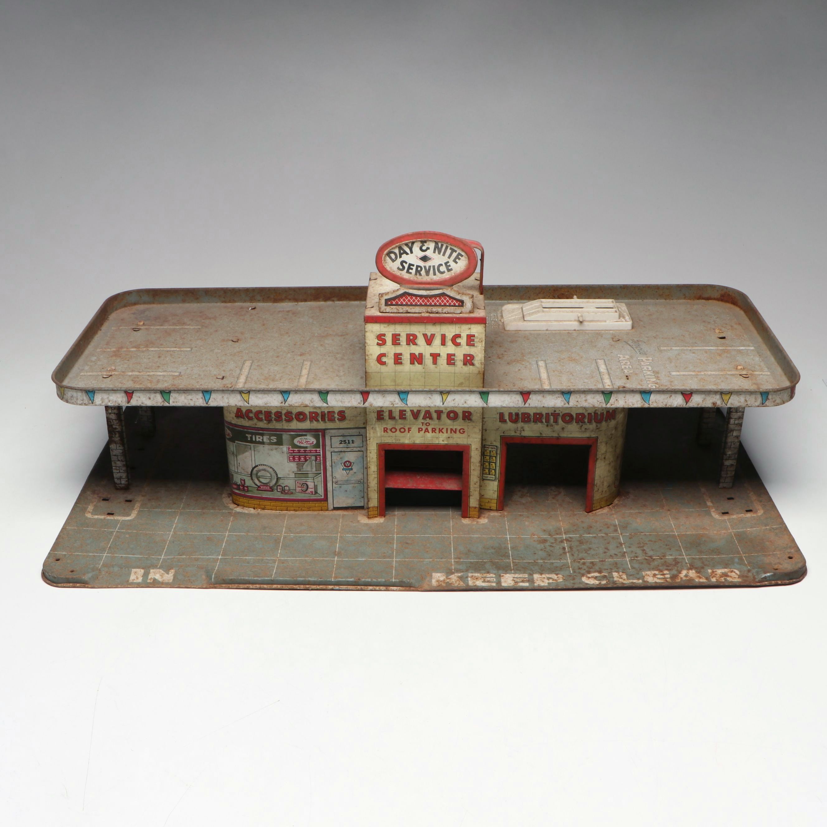 Marx "Day & Nite" Tin Litho Service Station Toy, Mid-20th Century