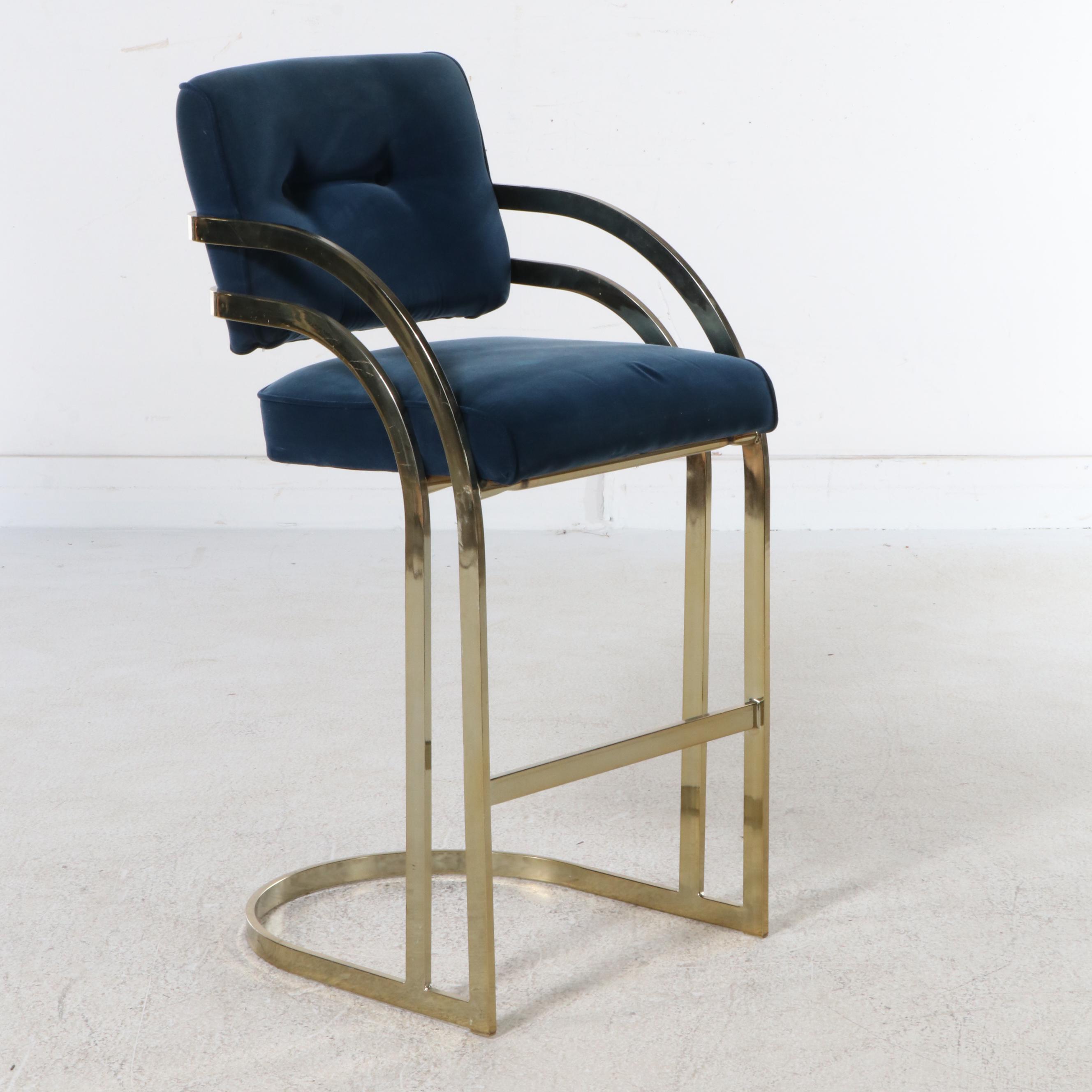 Set of Three Postmodernist Cantilevered Brass Barstools, Manner of Milo Baughman
