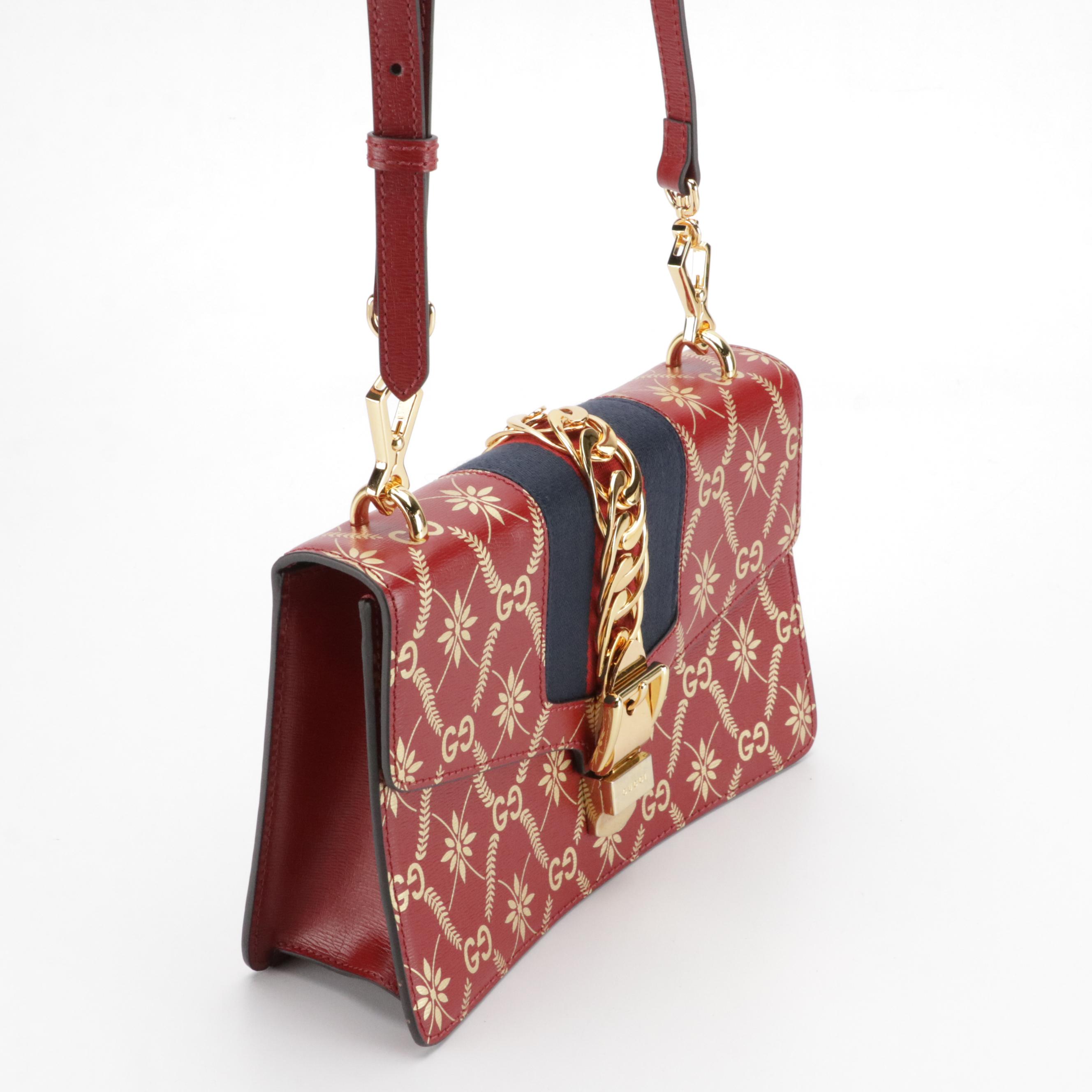 Gucci Medium Sylvie Crossbody in Gold GG & Leaves Printed Red Textured Leather