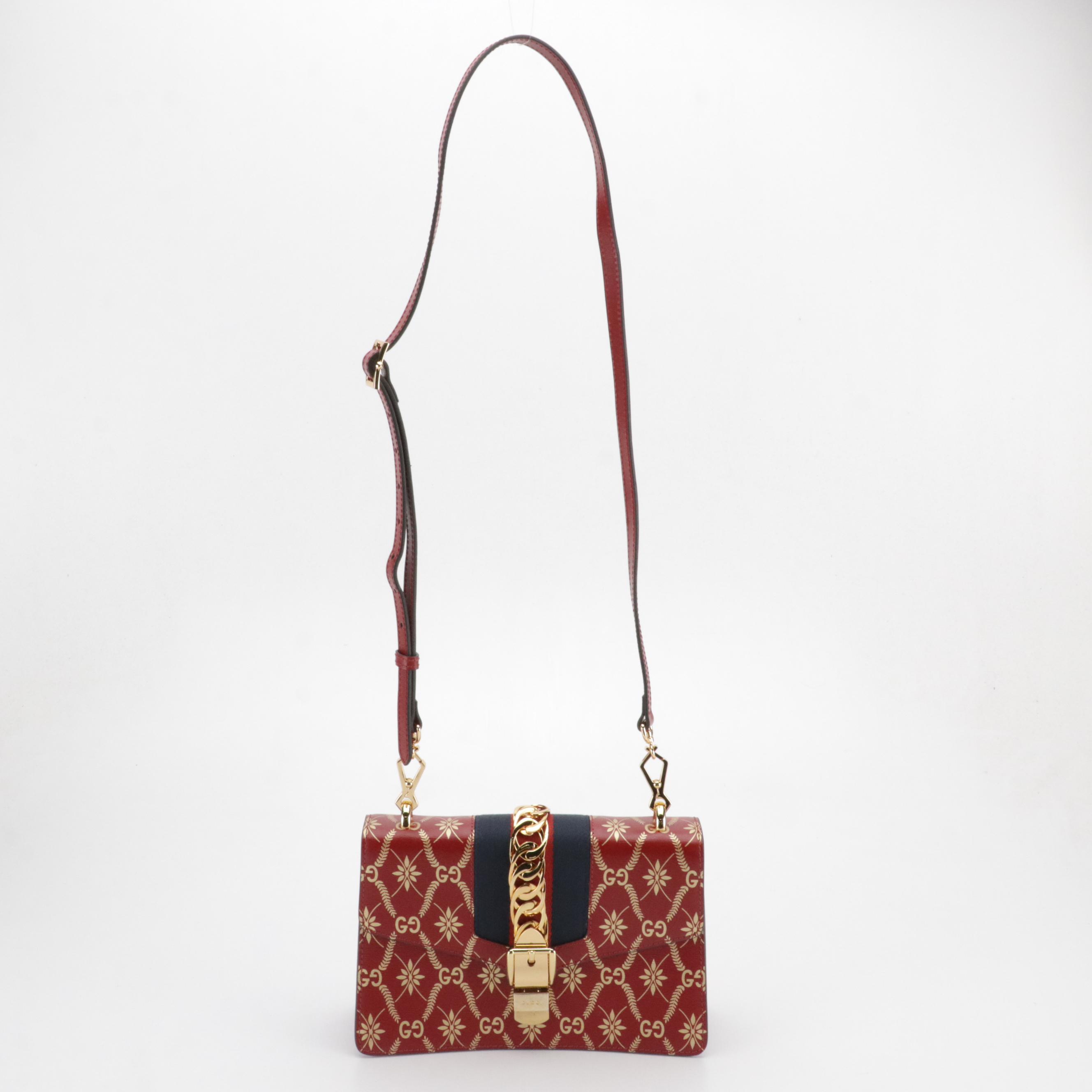 Gucci Medium Sylvie Crossbody in Gold GG & Leaves Printed Red Textured Leather
