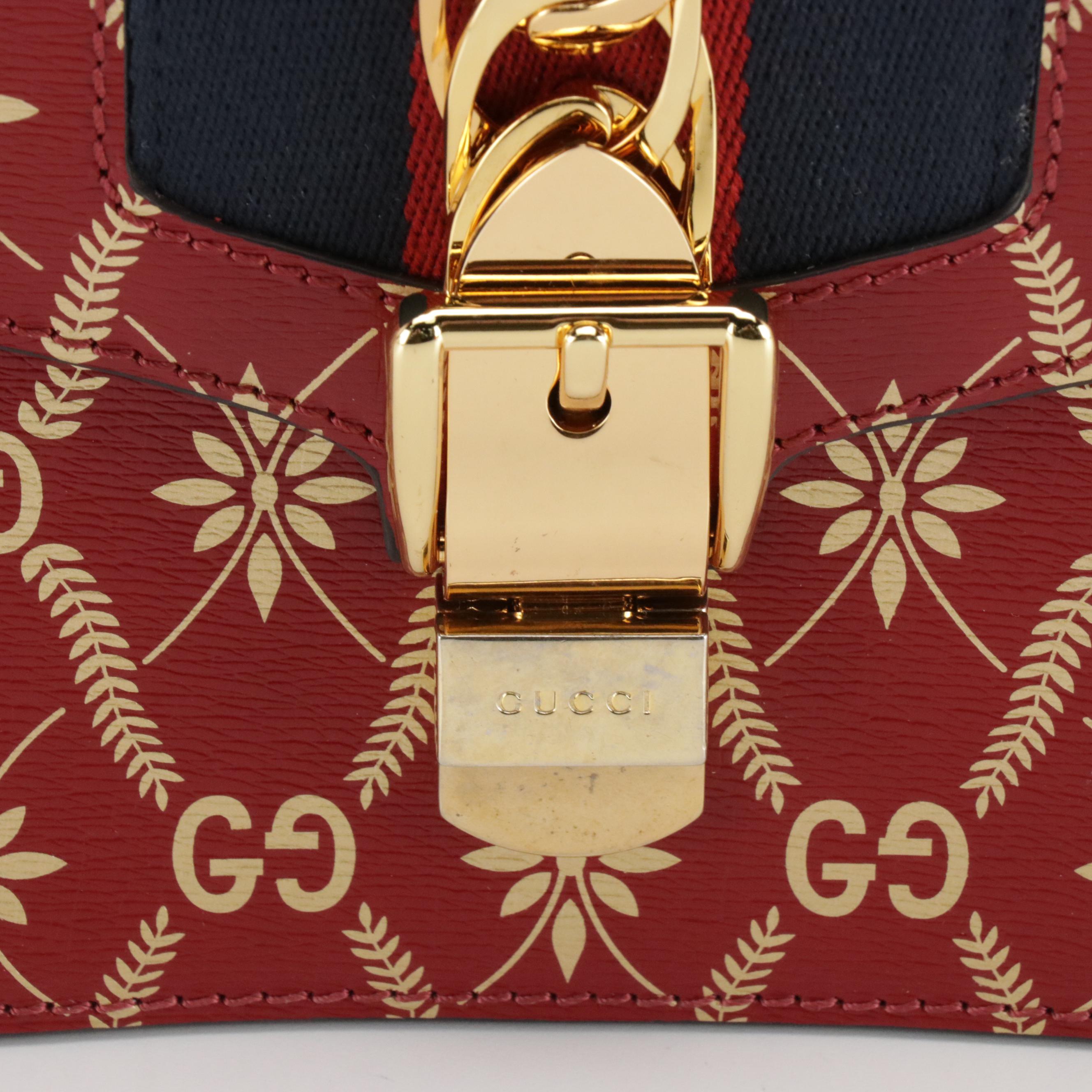 Gucci Medium Sylvie Crossbody in Gold GG & Leaves Printed Red Textured Leather