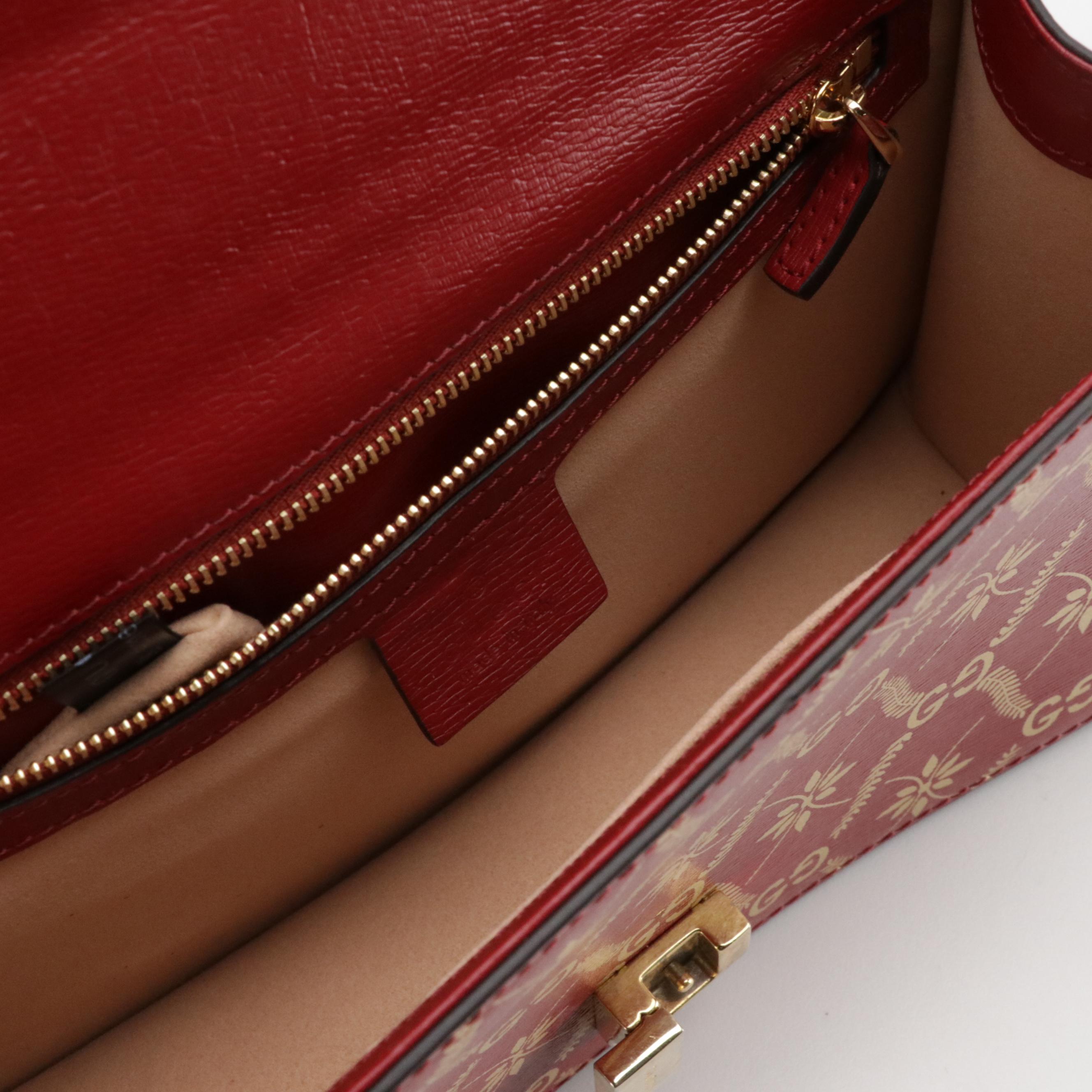 Gucci Medium Sylvie Crossbody in Gold GG & Leaves Printed Red Textured Leather