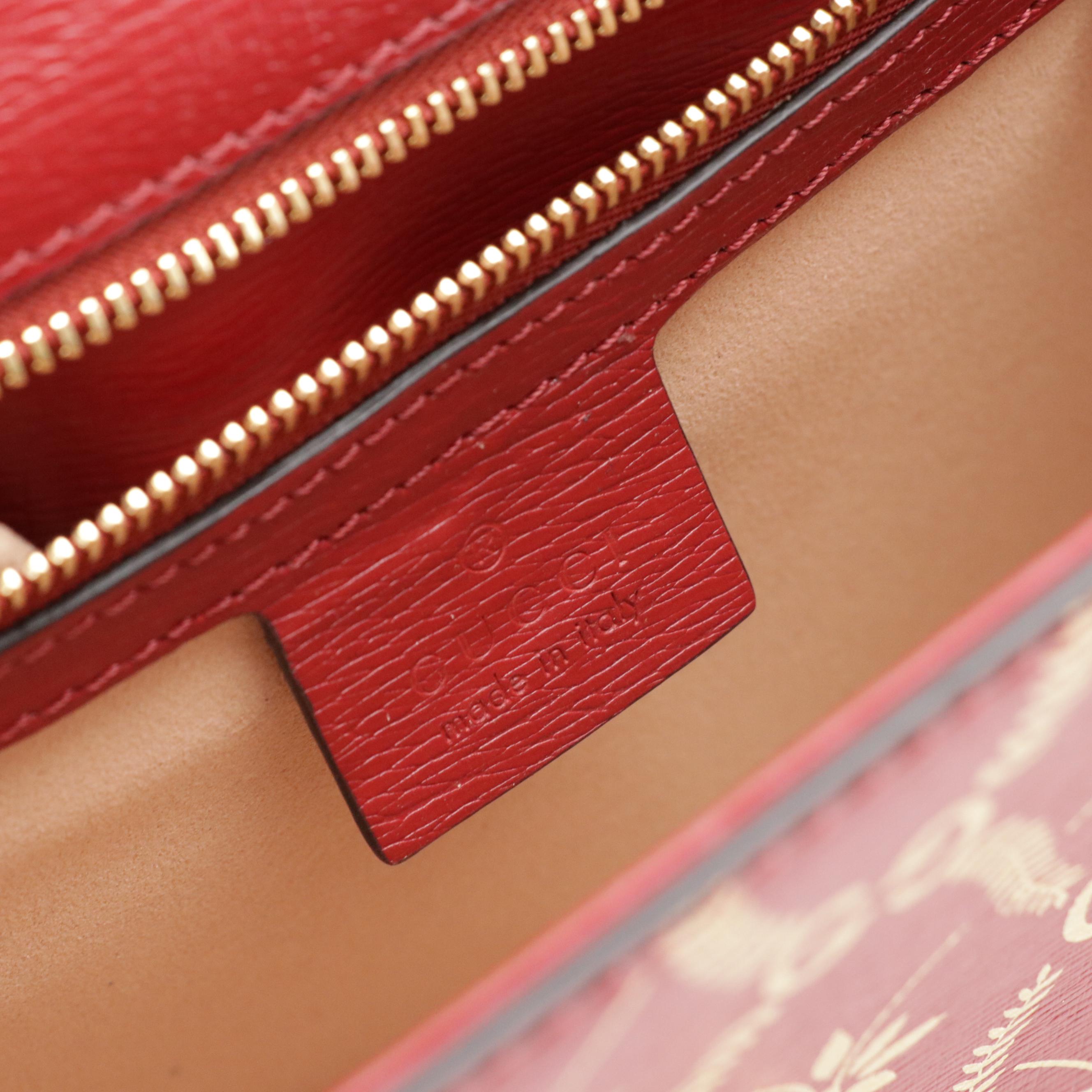 Gucci Medium Sylvie Crossbody in Gold GG & Leaves Printed Red Textured Leather