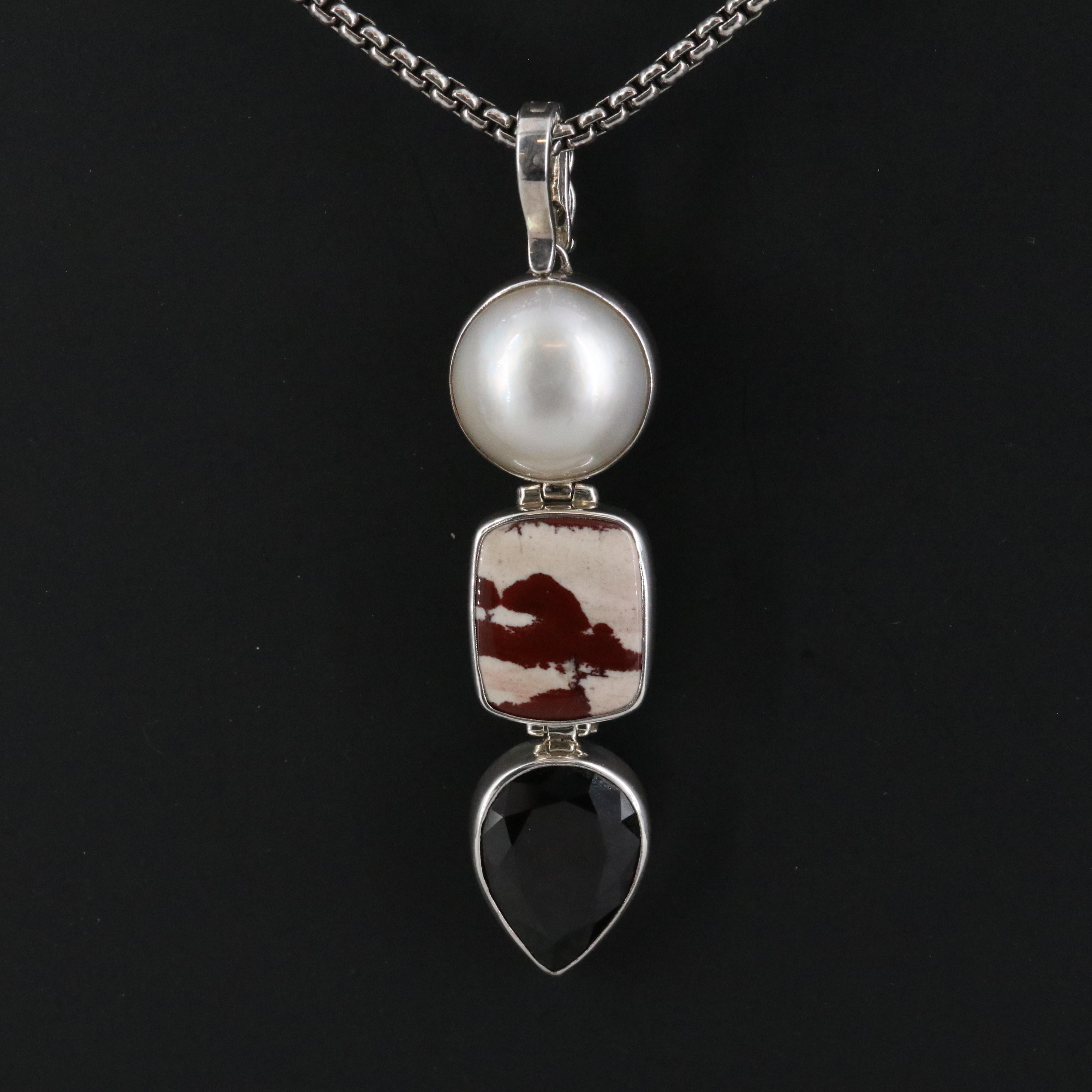 Stephen Dweck "One of a Kind" Sterling Pearl, Jasper & Garnet Pendant Necklace