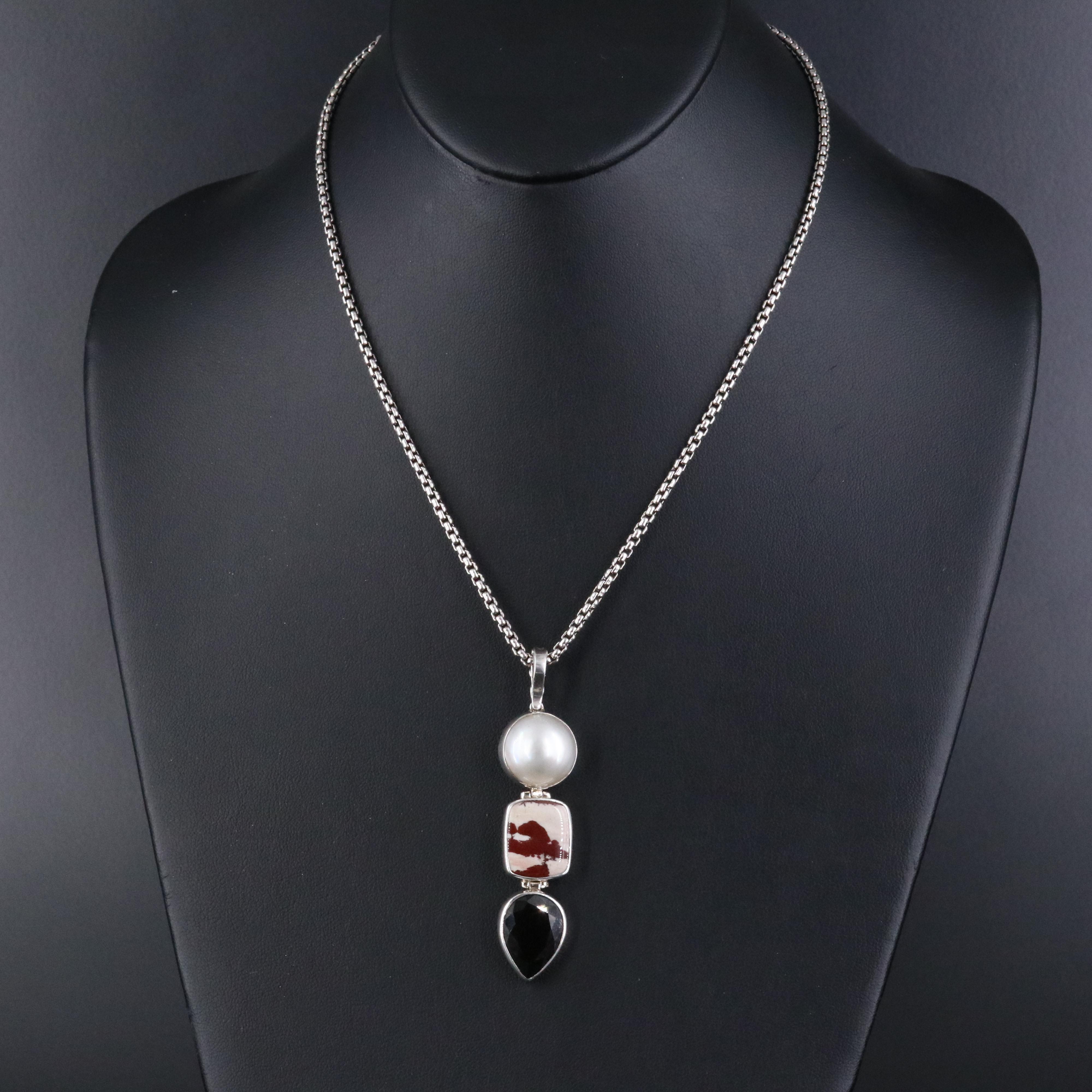 Stephen Dweck "One of a Kind" Sterling Pearl, Jasper & Garnet Pendant Necklace