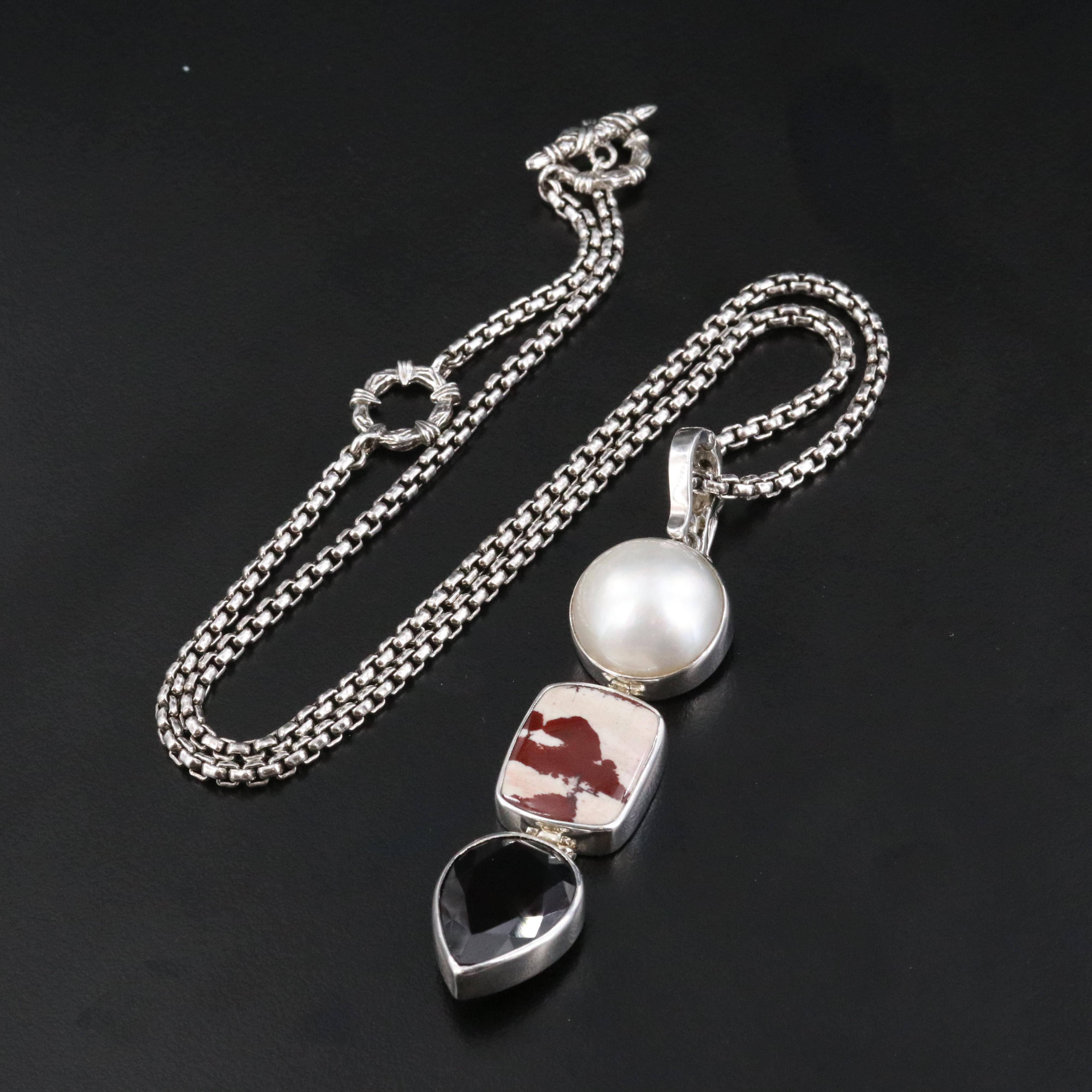 Stephen Dweck "One of a Kind" Sterling Pearl, Jasper & Garnet Pendant Necklace