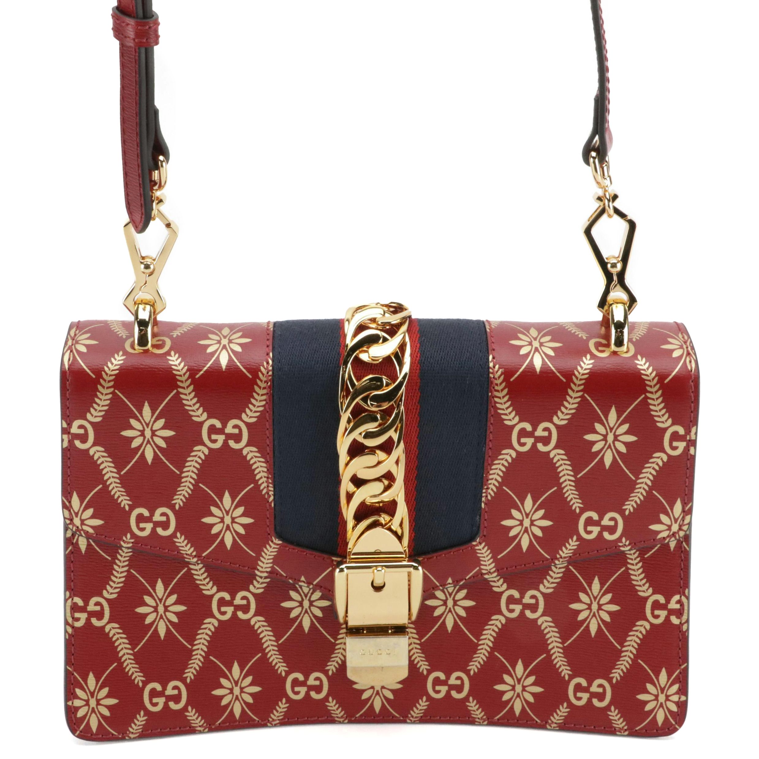 Gucci Medium Sylvie Crossbody in Gold GG & Leaves Printed Red Textured Leather
