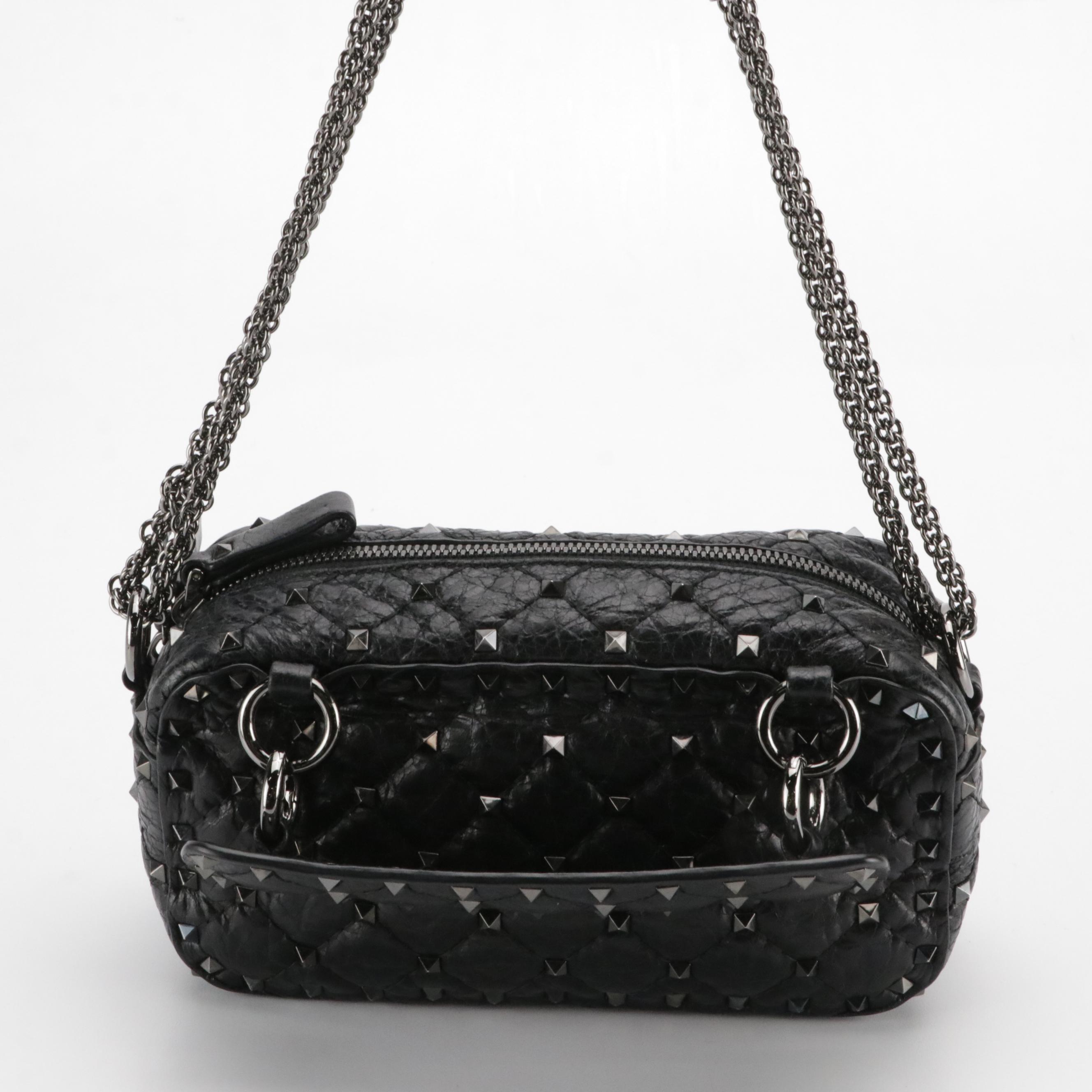Valentino Garavani Zippered Rockstud Chain Strap Bag in Crinkle Quilted Calfskin
