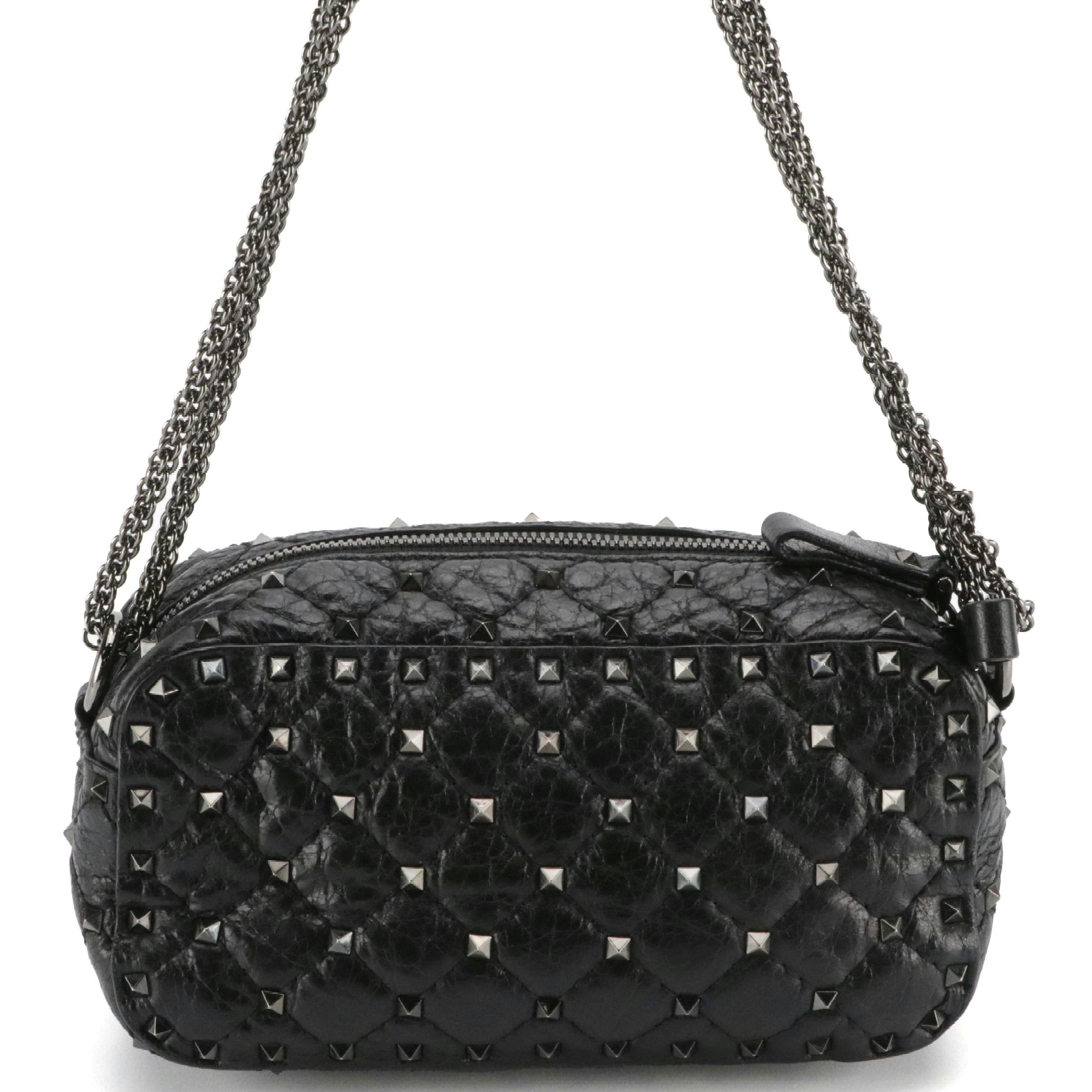 Valentino Garavani Zippered Rockstud Chain Strap Bag in Crinkle Quilted Calfskin