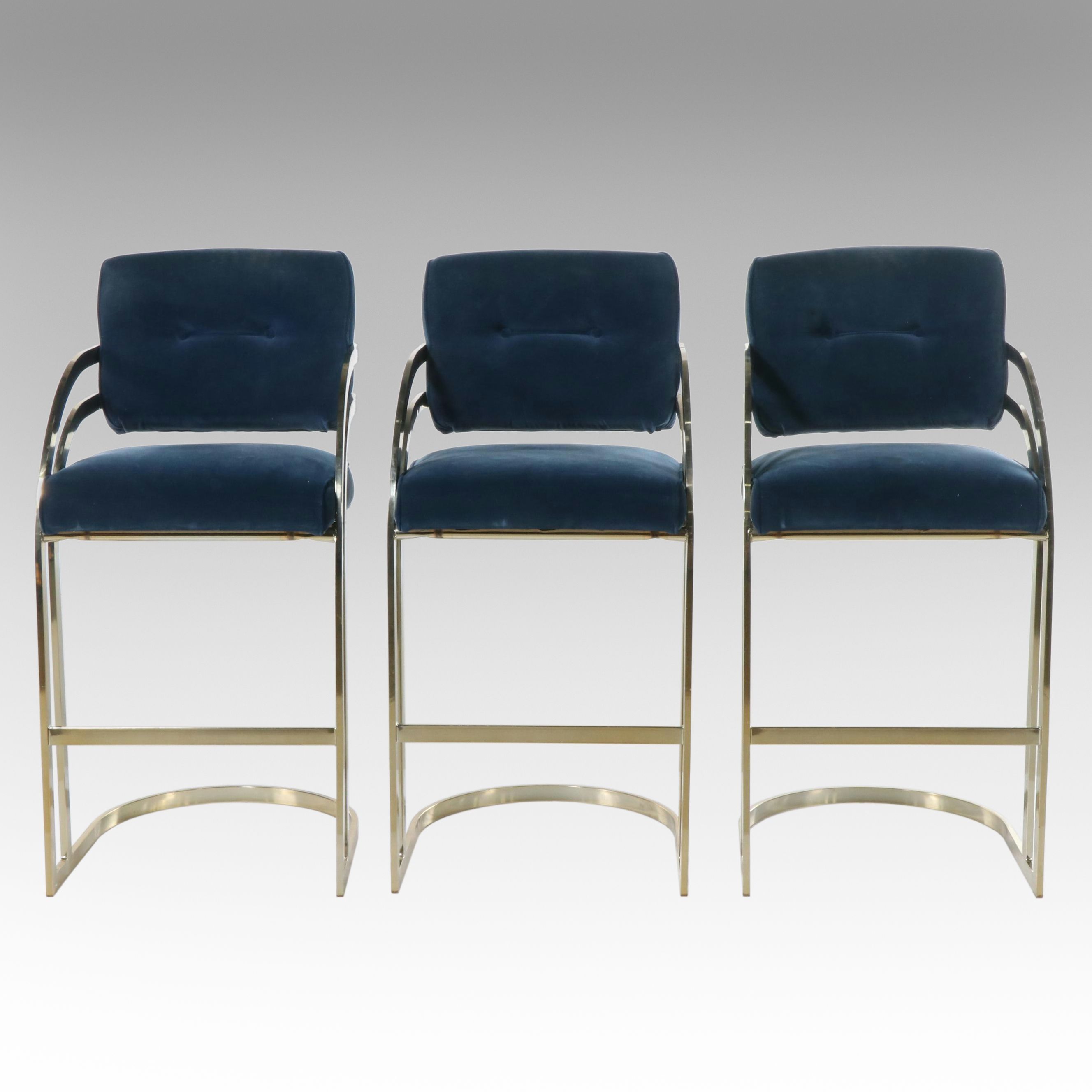 Set of Three Postmodernist Cantilevered Brass Barstools, Manner of Milo Baughman