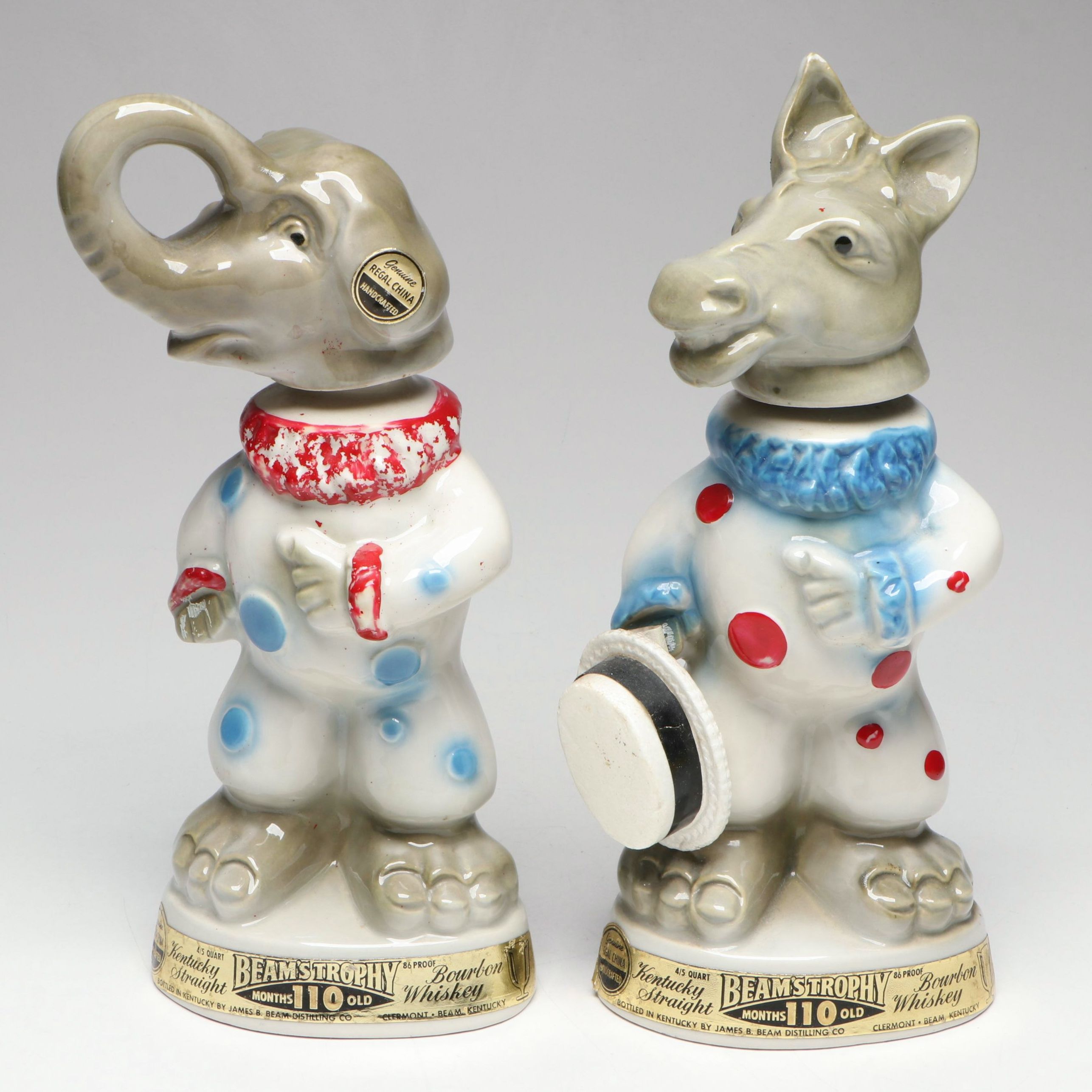 Jim Beam Democrat Donkey and Republican Elephant Ceramic Decanters, 1960s
