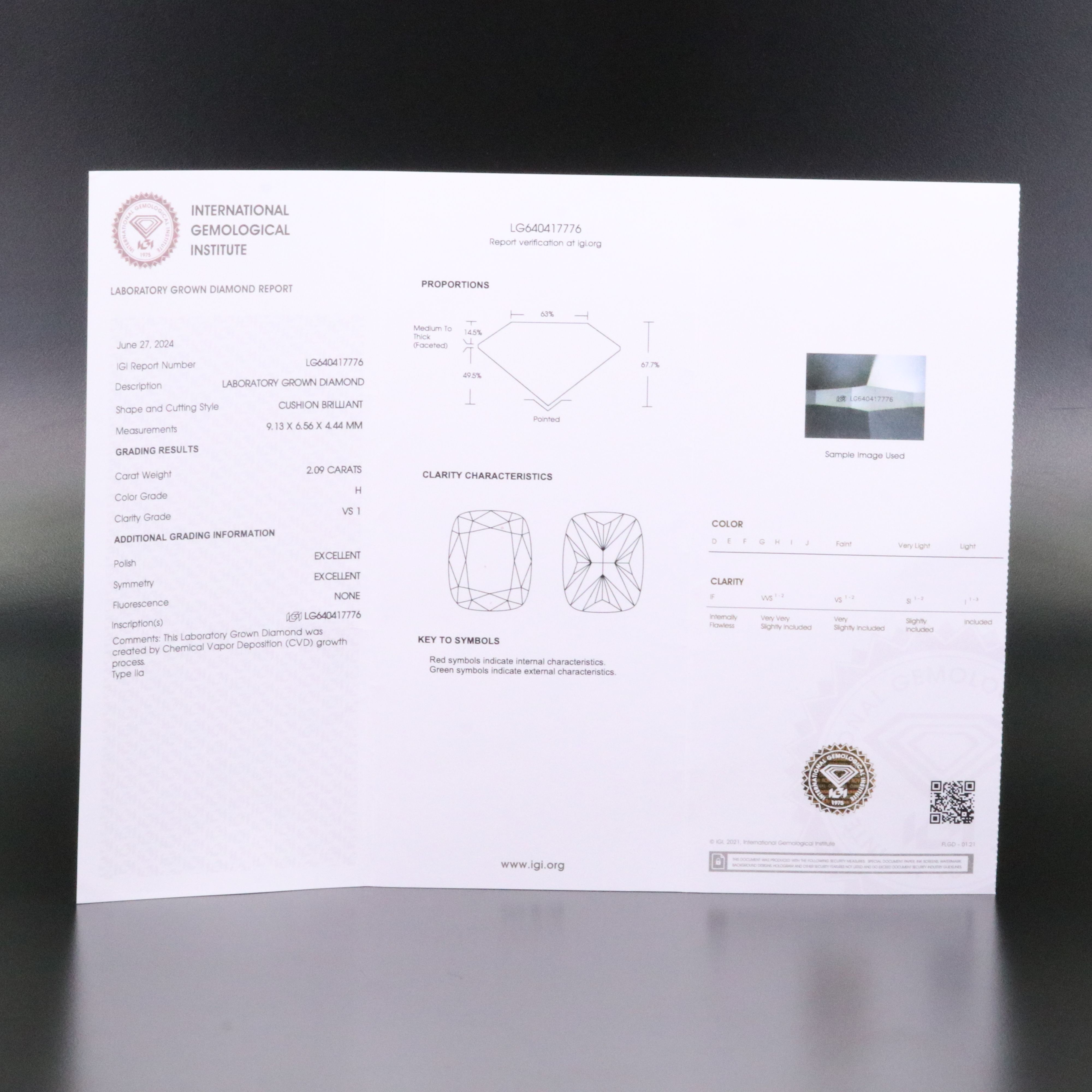 Loose 2.09 CT Lab Grown Diamond with IGI Report