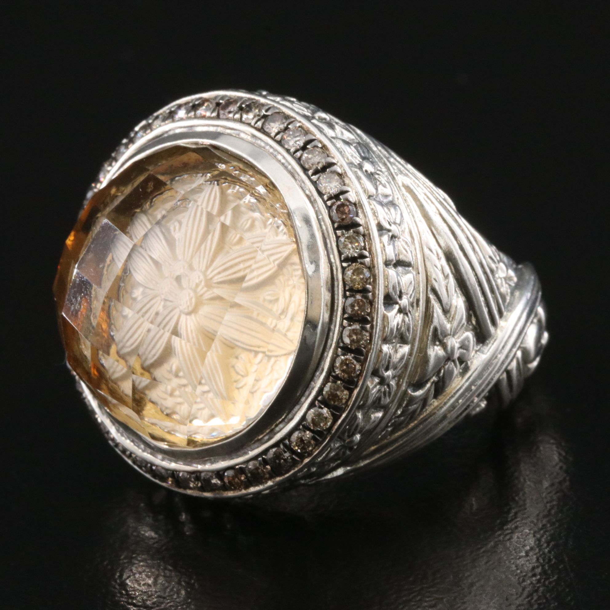 Stephen Dweck "Garden of Stephen" Sterling Smoky Quartz & Diamond Intaglio Ring