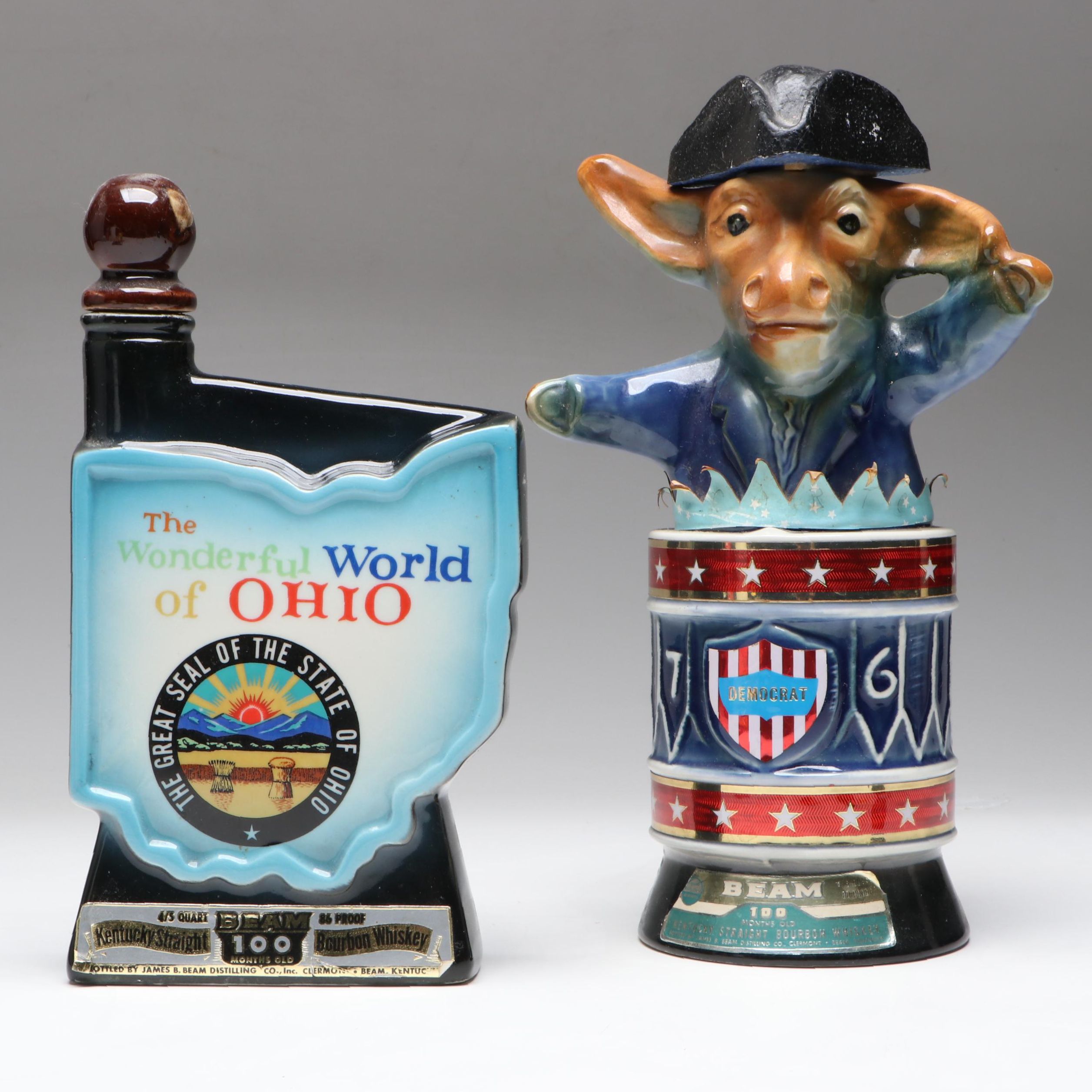 Jim Beam Democrat Donkey and State of Ohio Ceramic Decanters