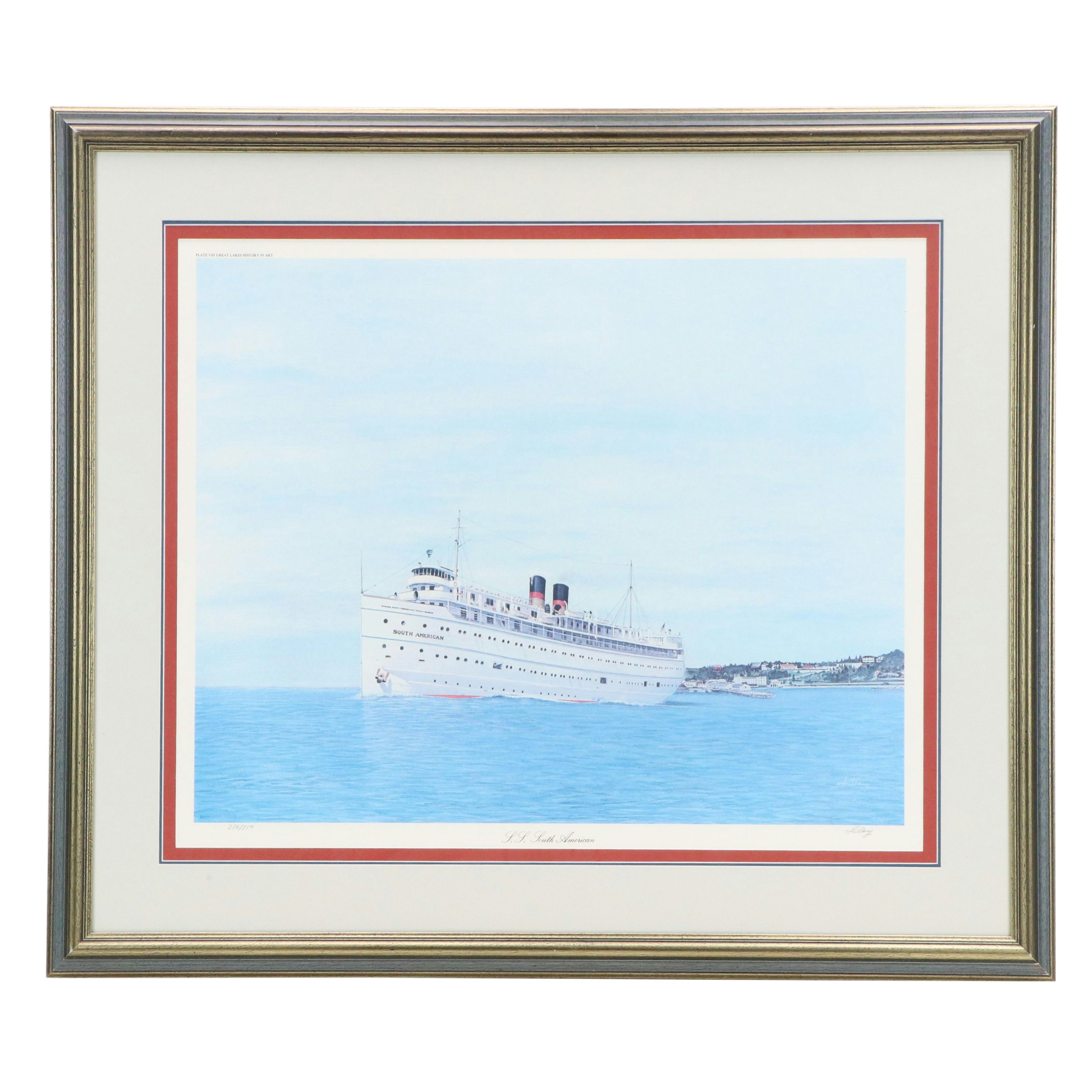 James Clary Offset Lithograph "S.S. South American," 1976