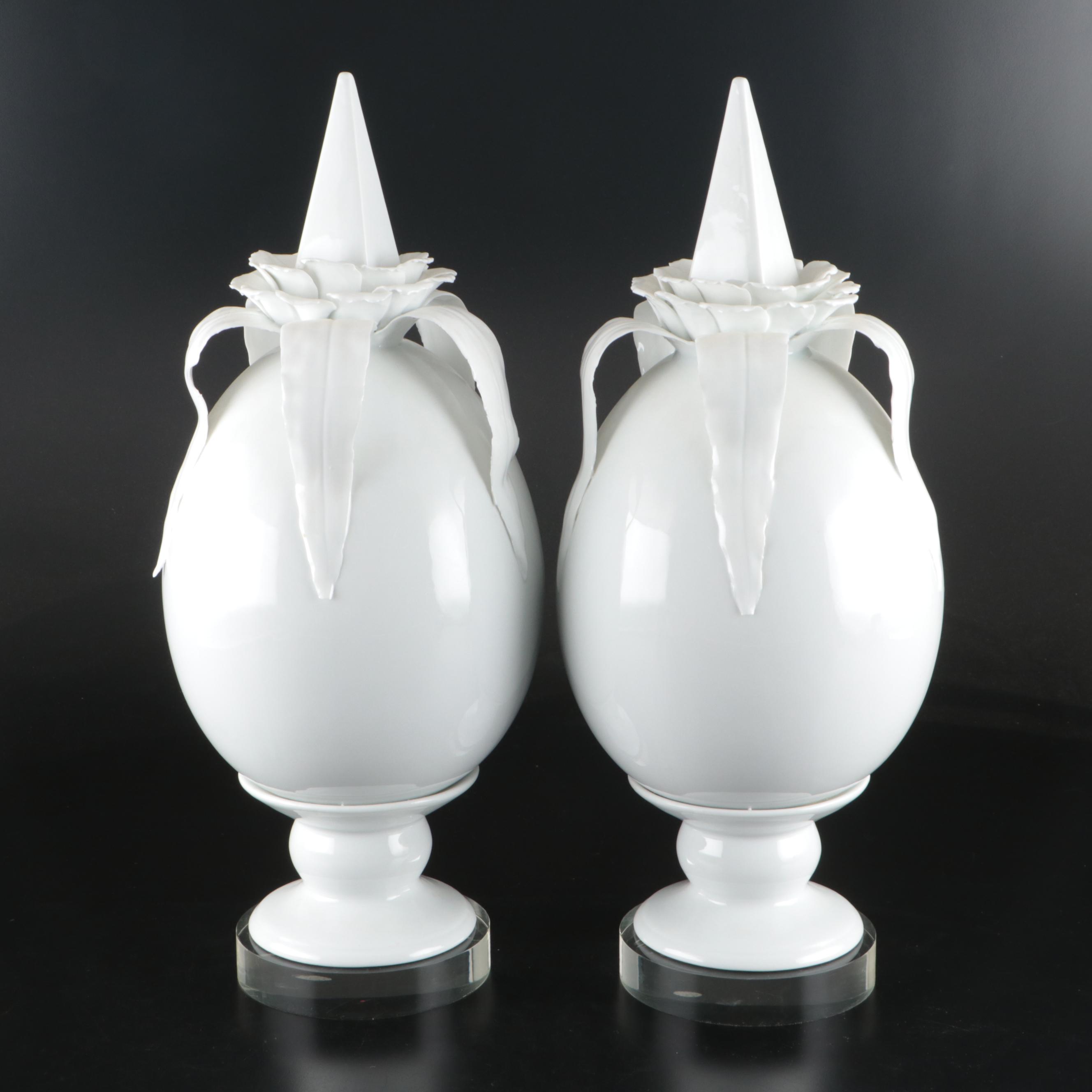 Pair of Two's Company Egg-Shaped Footed Porcelain Décor