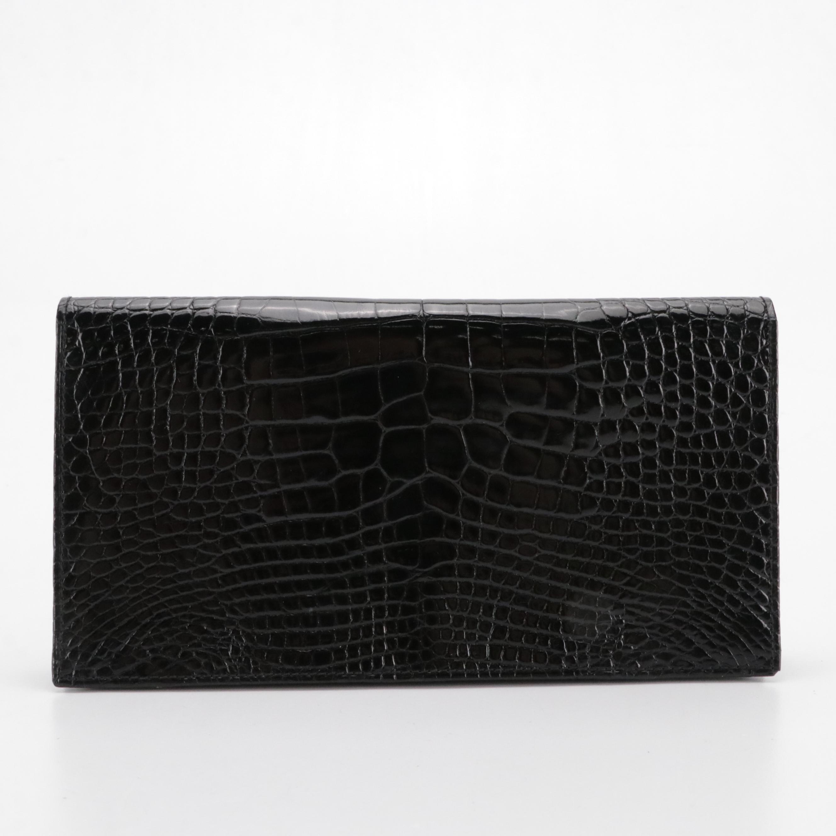 BVLGARI Black Croc-Embossed Patent Leather Bifold Long Wallet with Box