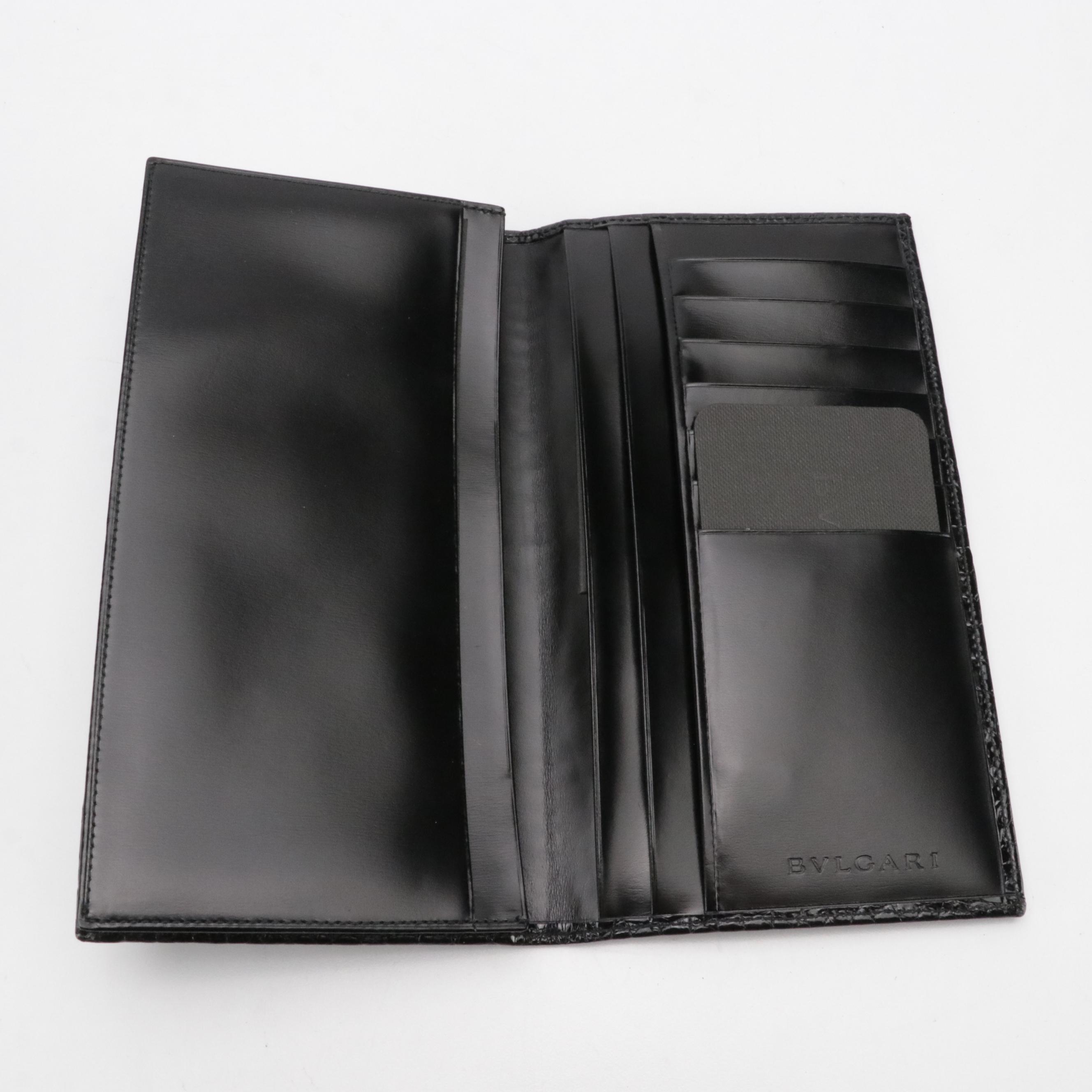 BVLGARI Black Croc-Embossed Patent Leather Bifold Long Wallet with Box