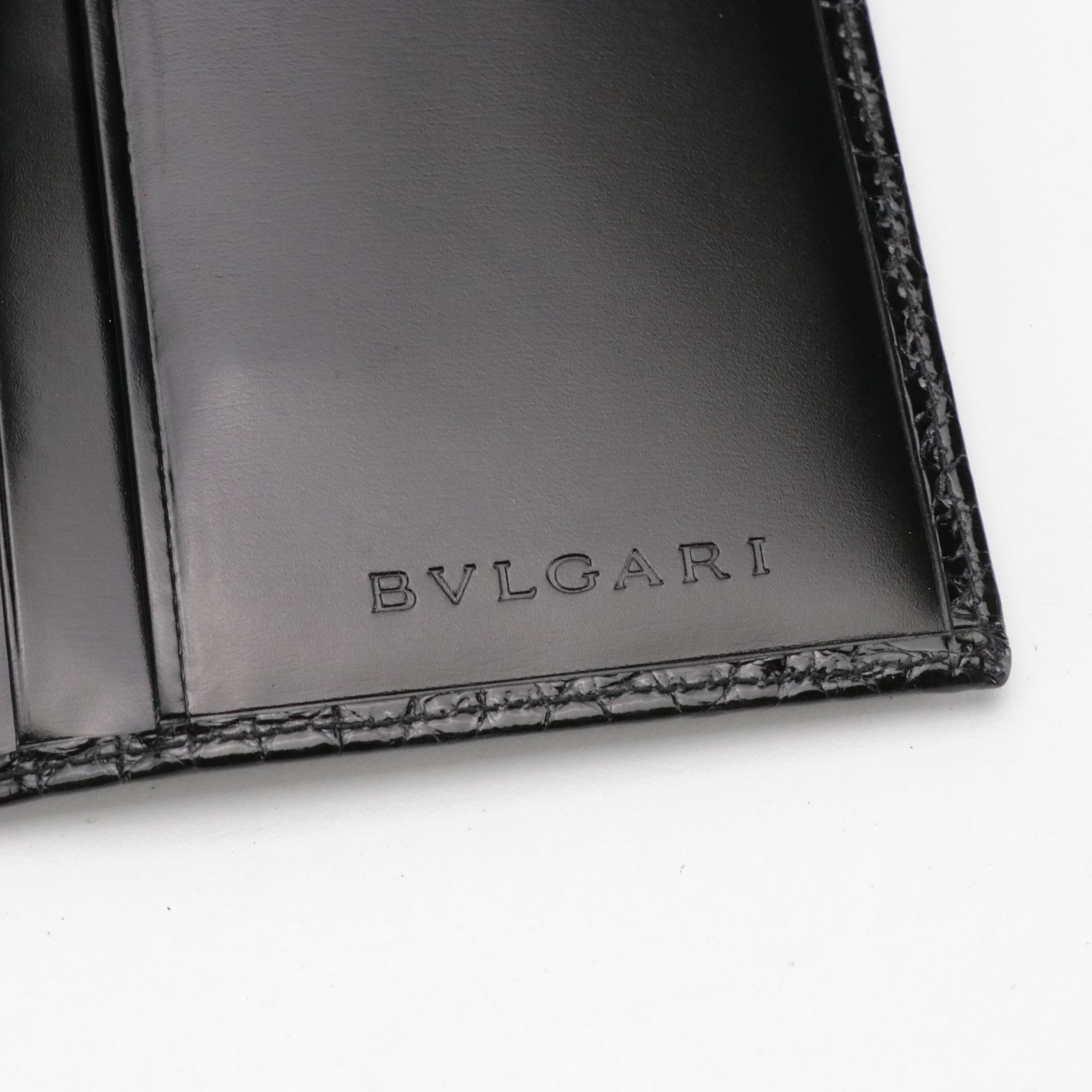 BVLGARI Black Croc-Embossed Patent Leather Bifold Long Wallet with Box