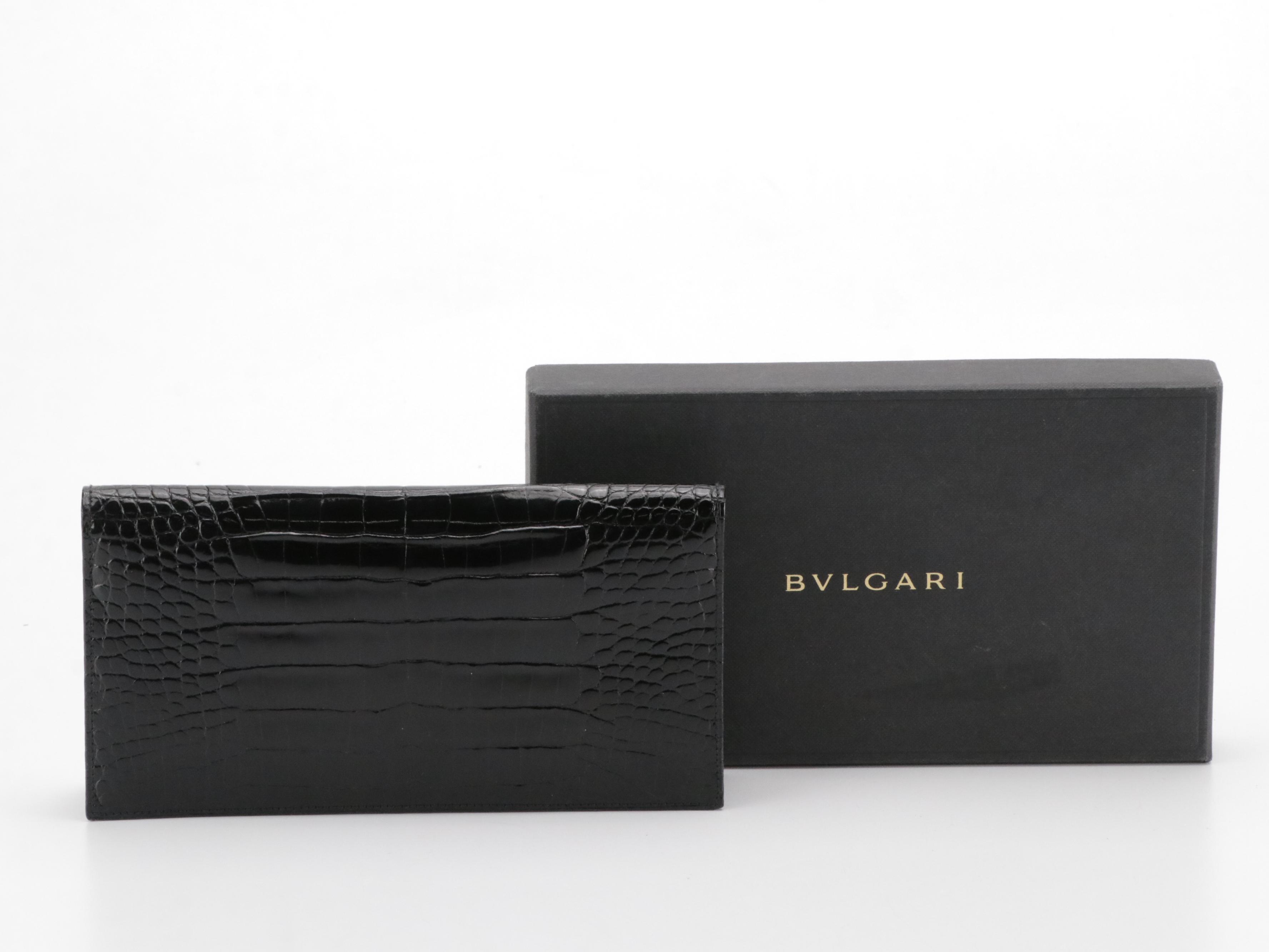 BVLGARI Black Croc-Embossed Patent Leather Bifold Long Wallet with Box