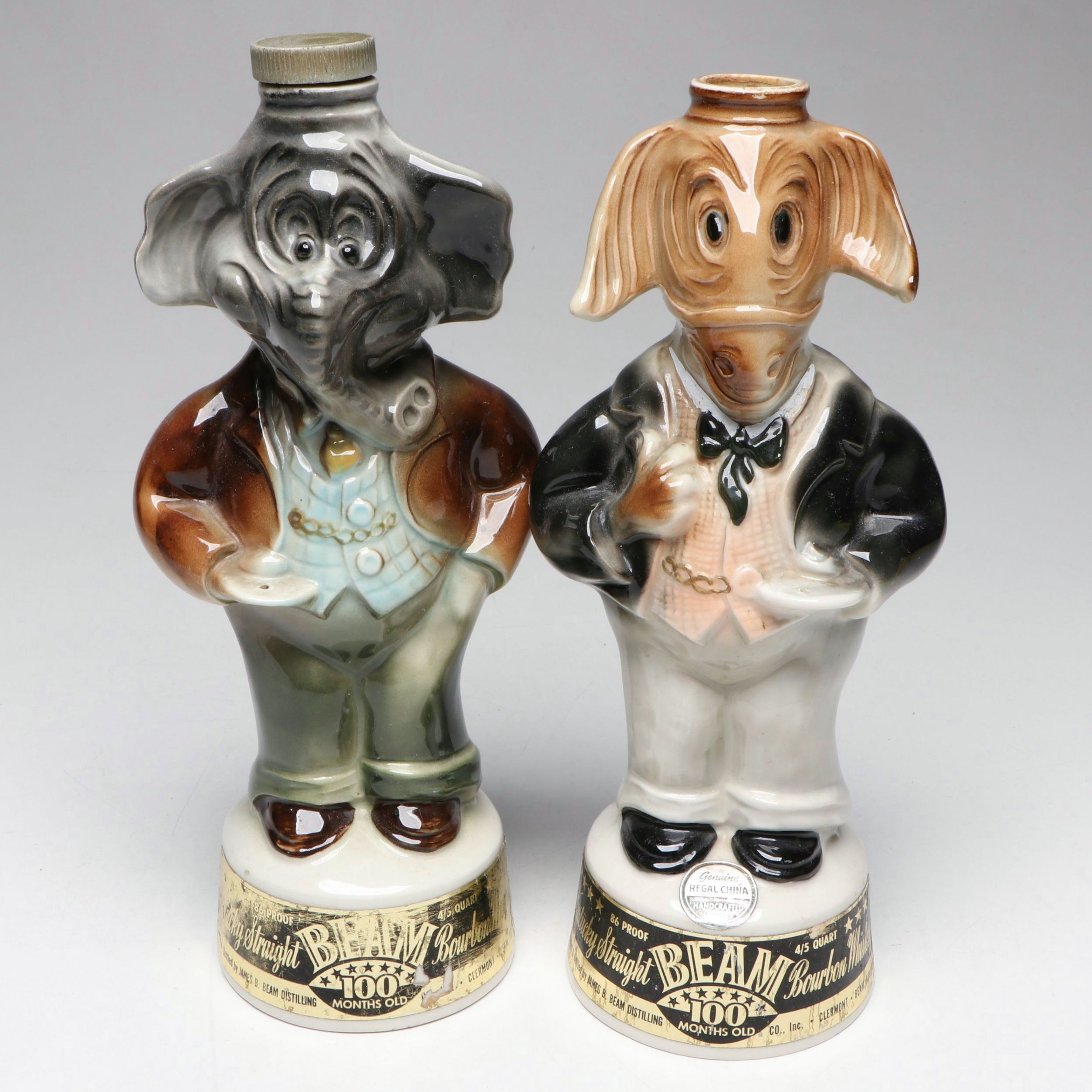 Jim Beam Democrat Donkey and Republican Elephant Ceramic Decanters, 1960s