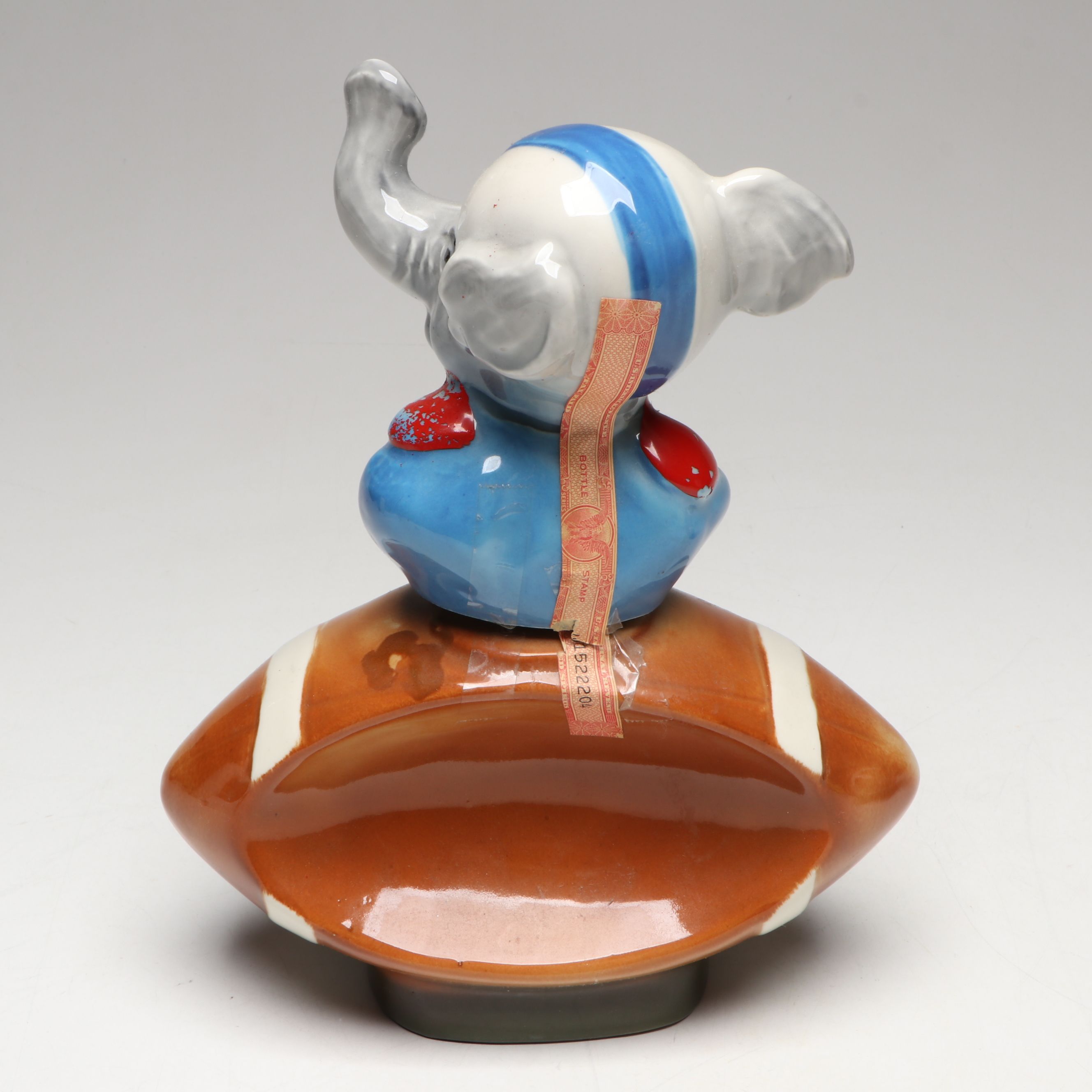 Jim Beam Donkey and Elephant in Footballs Ceramic Figural Decanters, 1970s