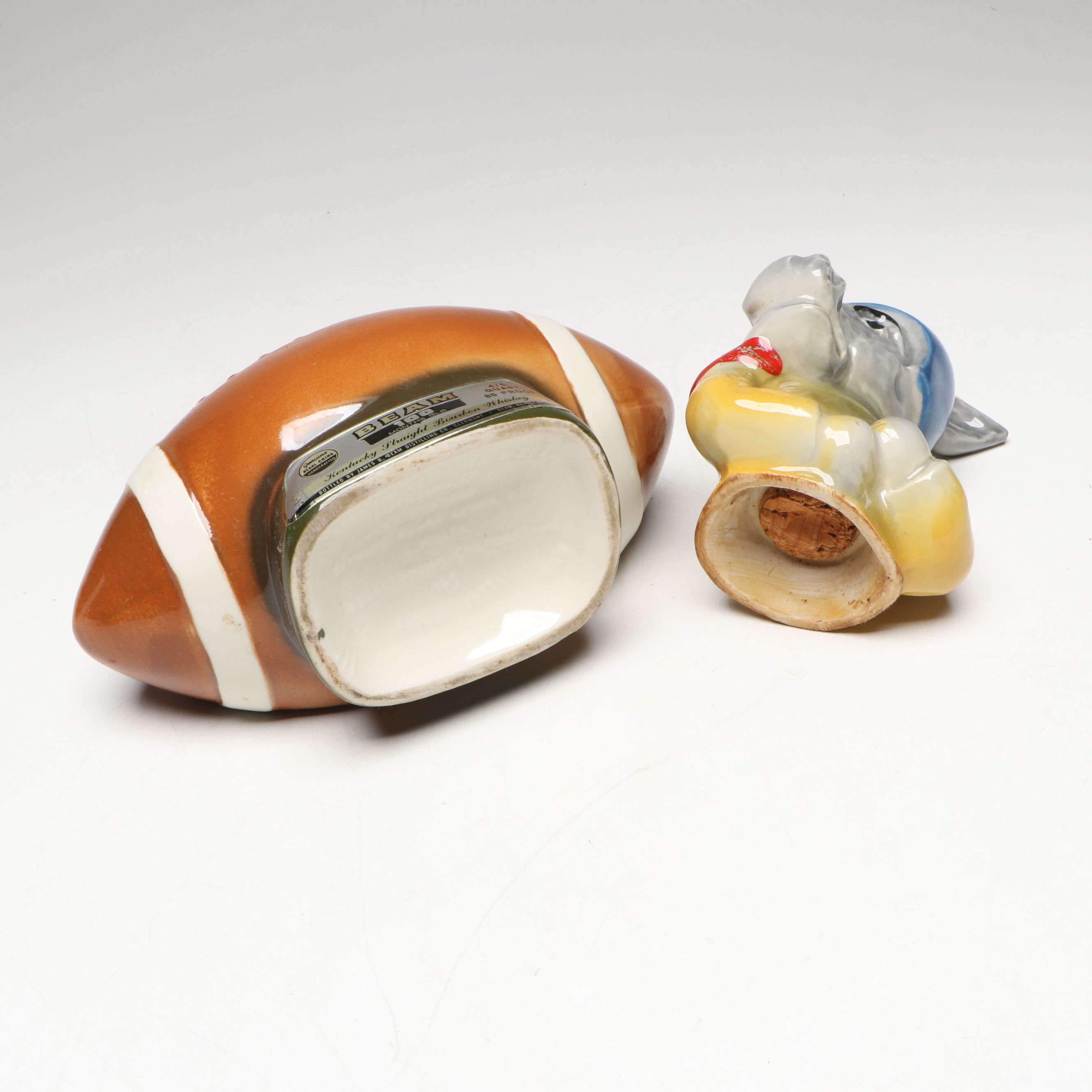 Jim Beam Donkey and Elephant in Footballs Ceramic Figural Decanters, 1970s