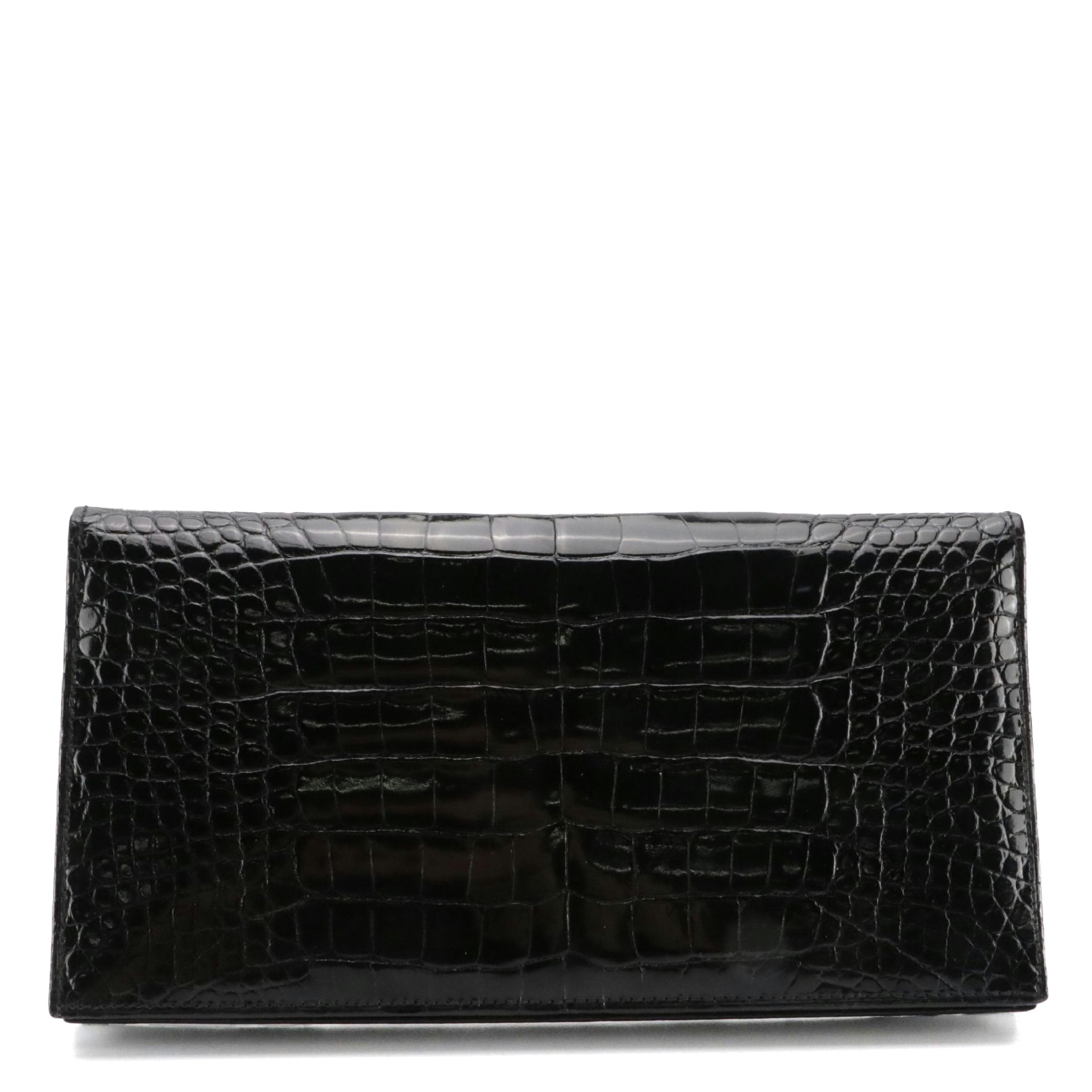 BVLGARI Black Croc-Embossed Patent Leather Bifold Long Wallet with Box
