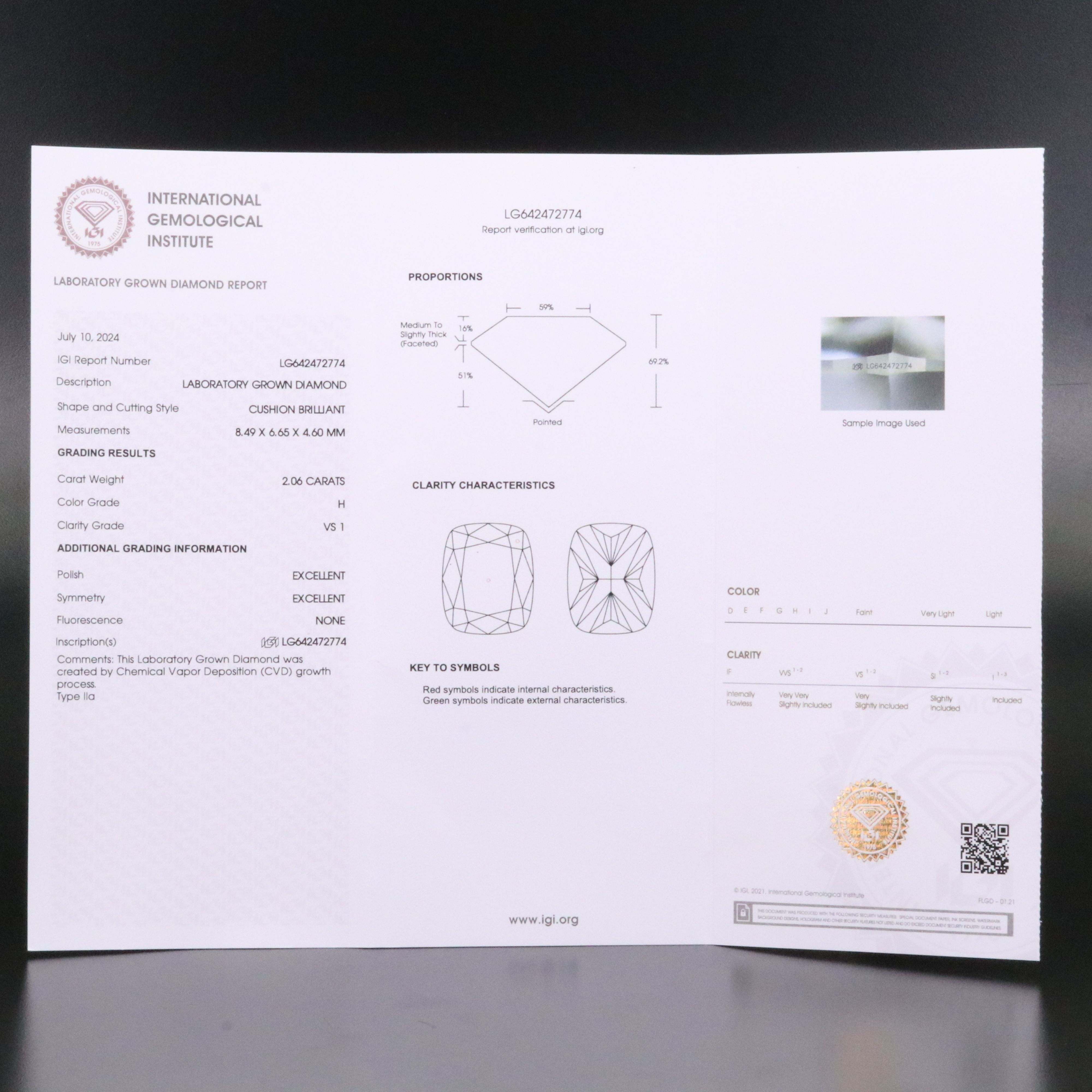 Loose 2.06 CT Lab Grown Diamond with IGI Report