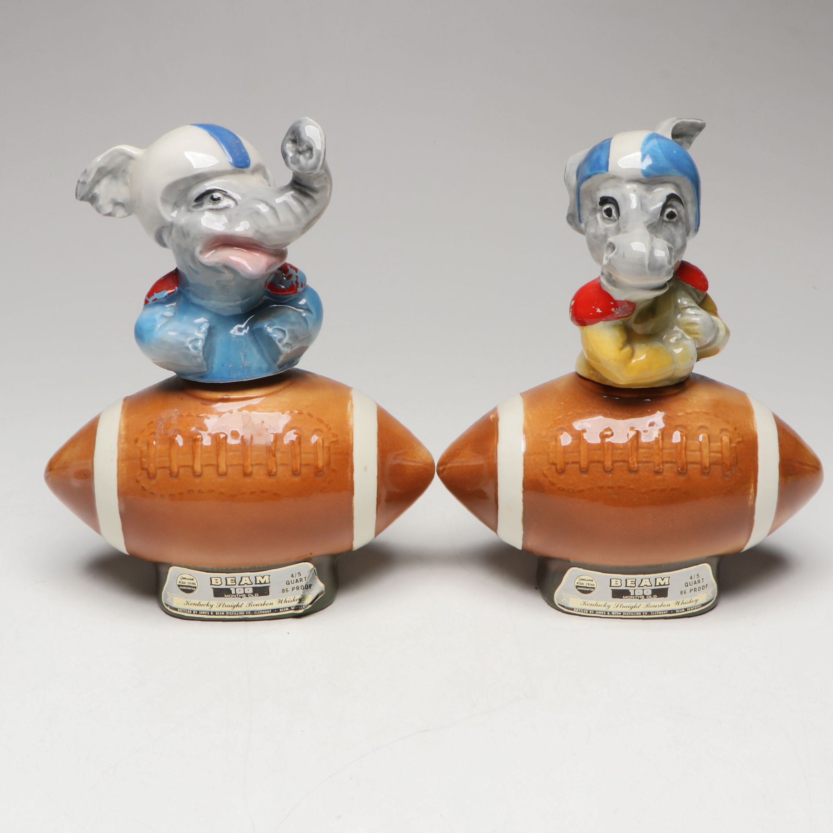 Jim Beam Donkey and Elephant in Footballs Ceramic Figural Decanters, 1970s
