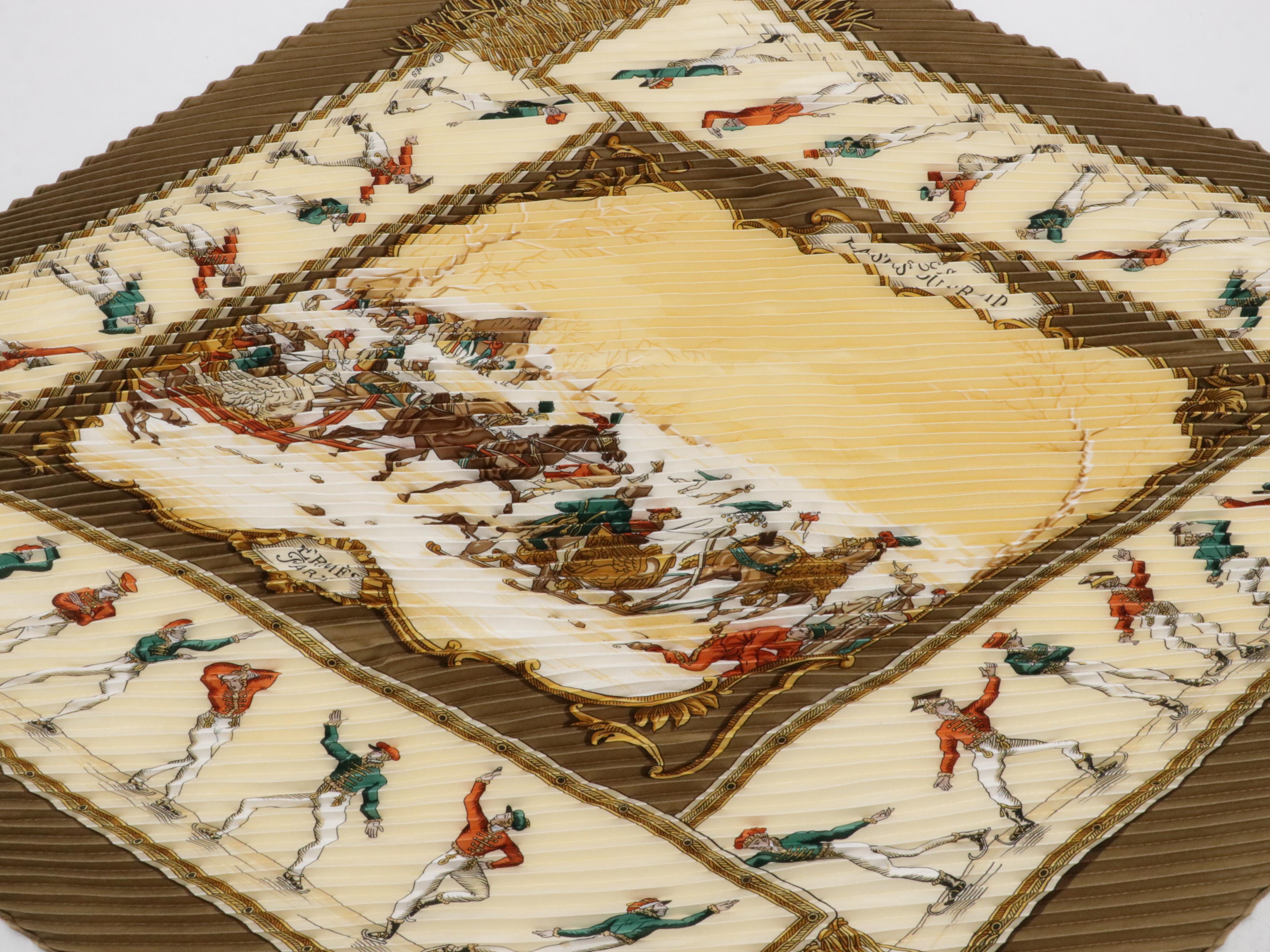 Hermès "Les Plaisirs du Froid" Plissé Scarf 90 in Silk Twill with Box