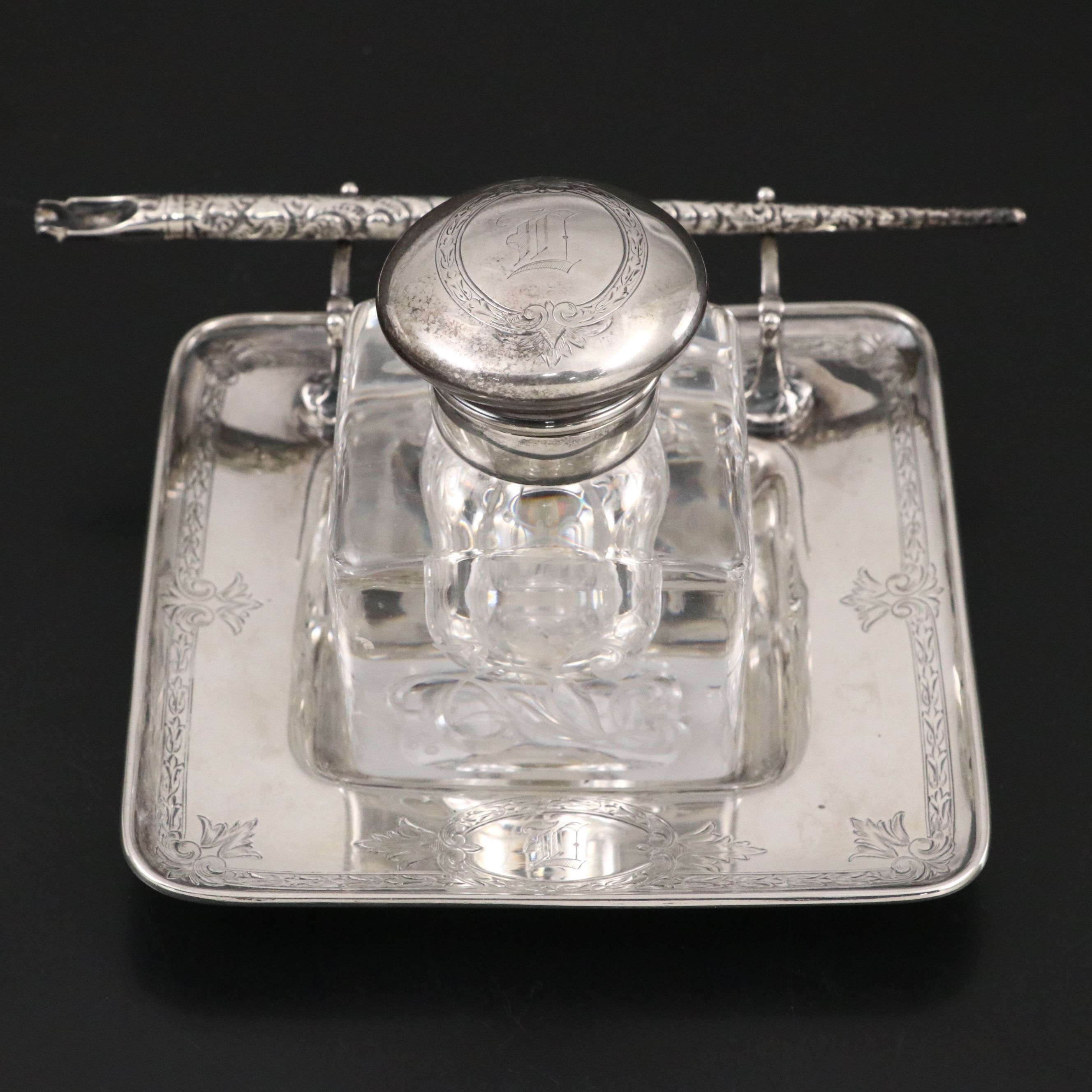 Gorham Sterling Silver and Crystal Inkwell and Pen Rest, 1916-1917