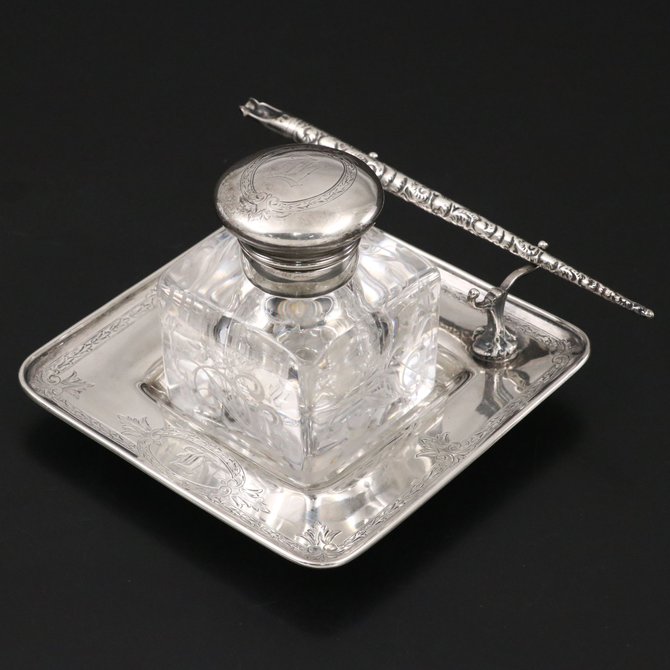 Gorham Sterling Silver and Crystal Inkwell and Pen Rest, 1916-1917