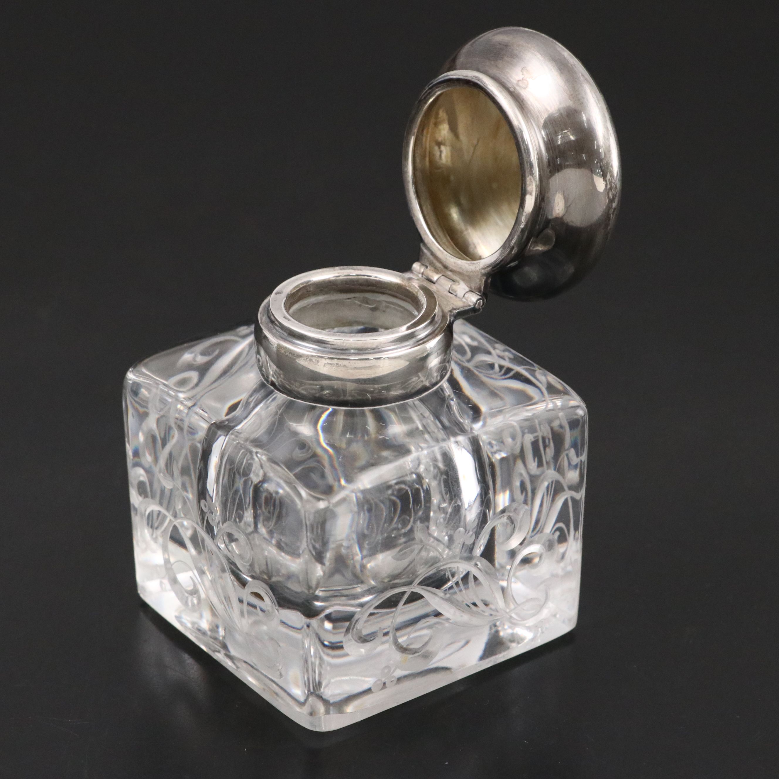 Gorham Sterling Silver and Crystal Inkwell and Pen Rest, 1916-1917