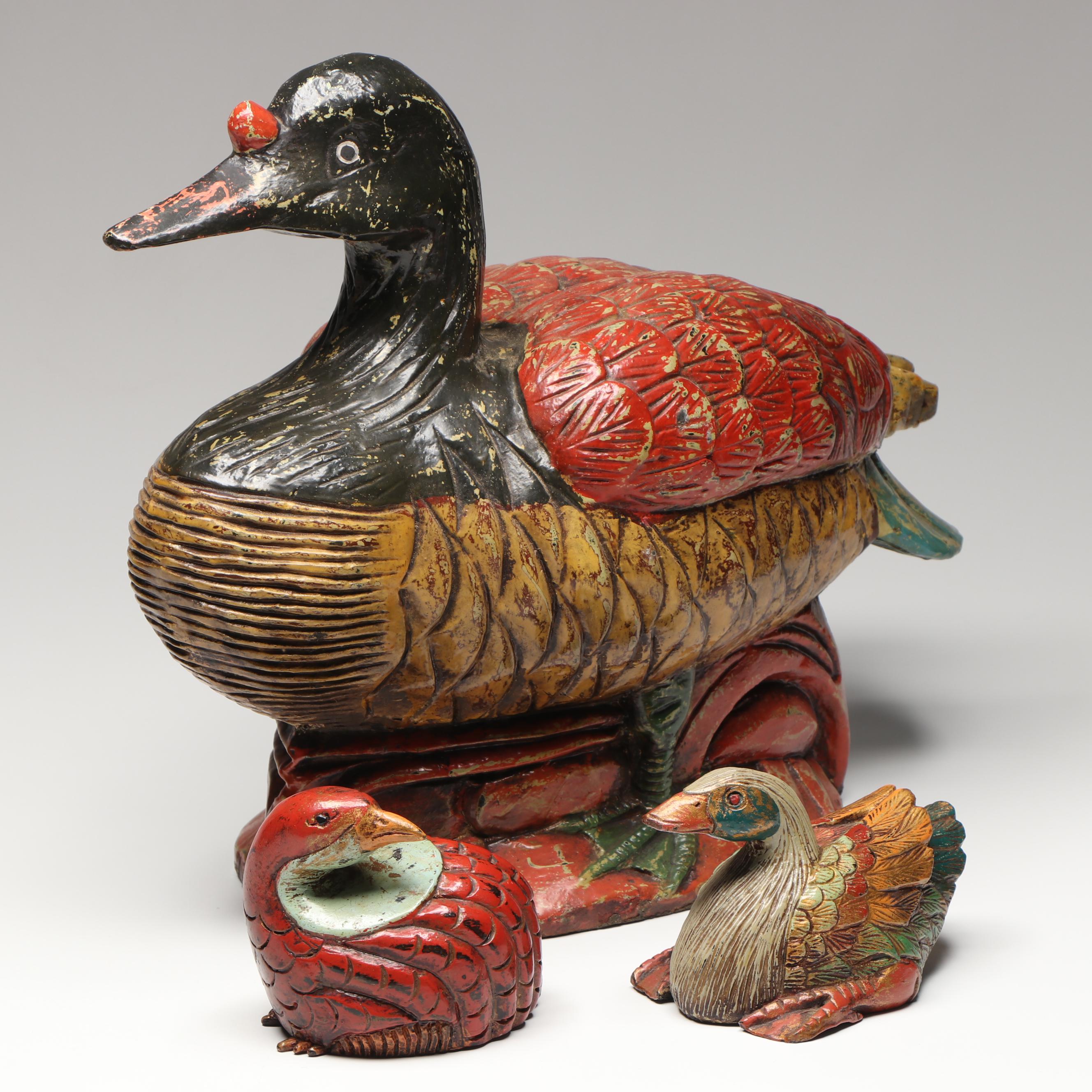 Rustic Hand-Carved Wood Duck and Quail Figures