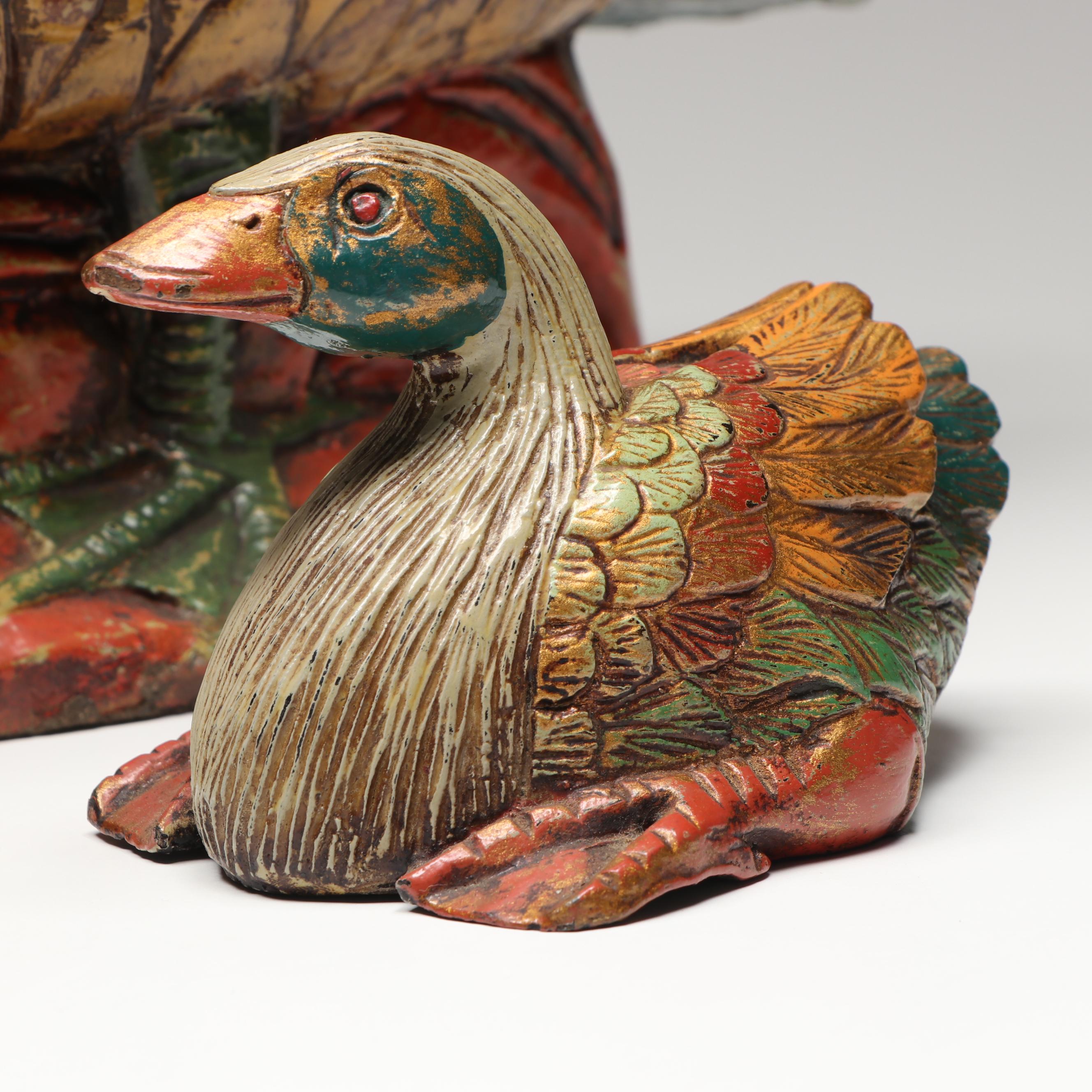 Rustic Hand-Carved Wood Duck and Quail Figures