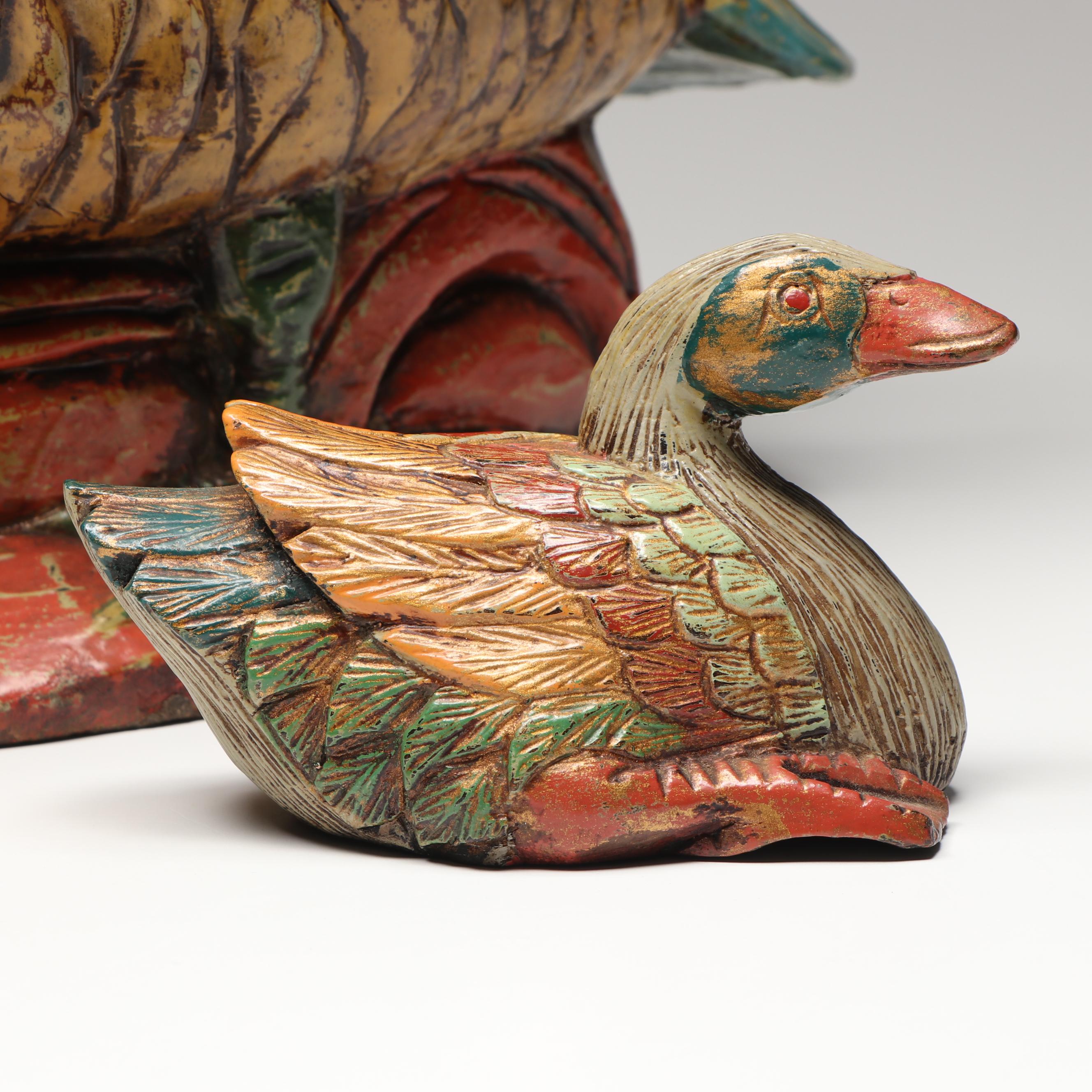 Rustic Hand-Carved Wood Duck and Quail Figures