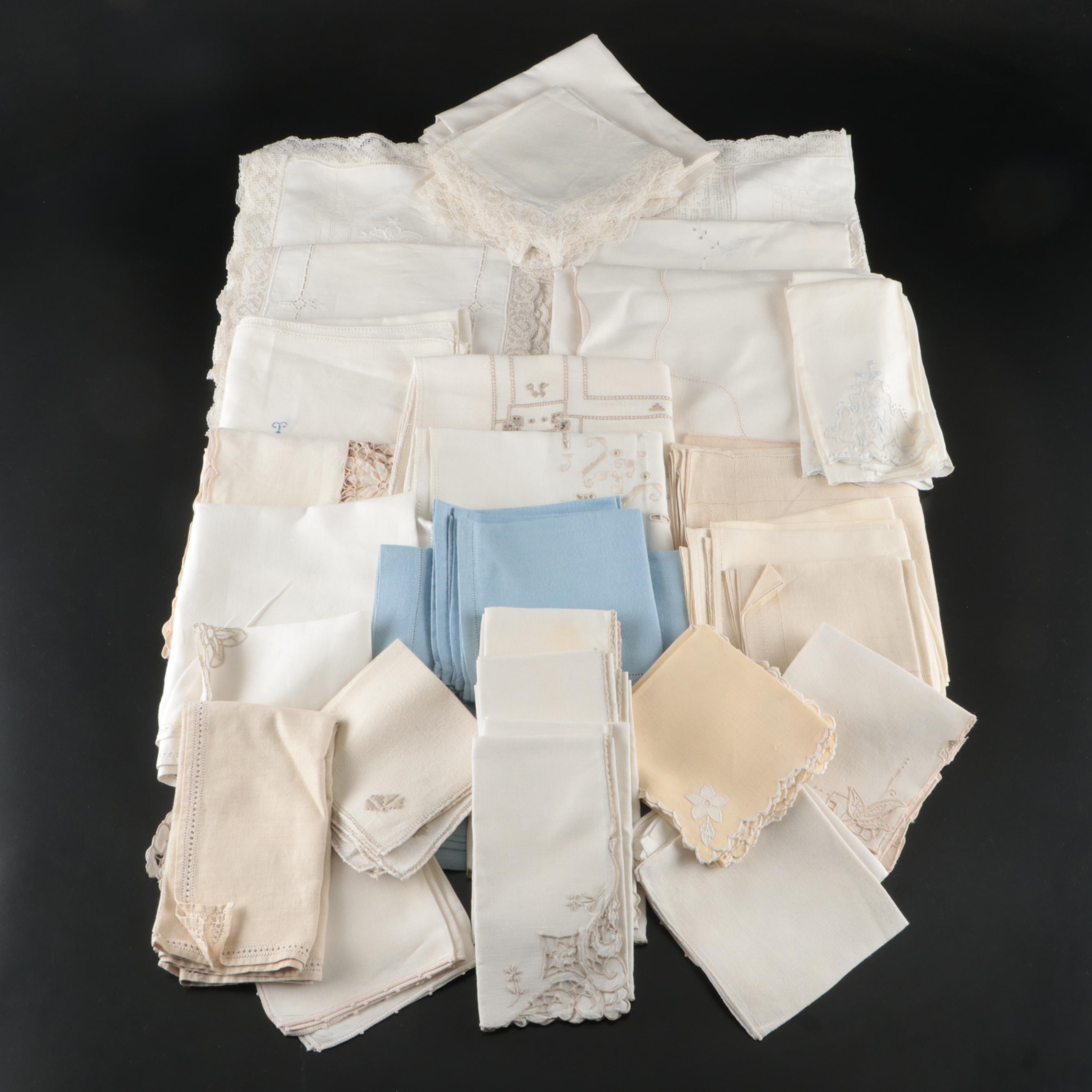 Vintage Lace Paneled Tablecloth with Embroidered and Other Table Linens