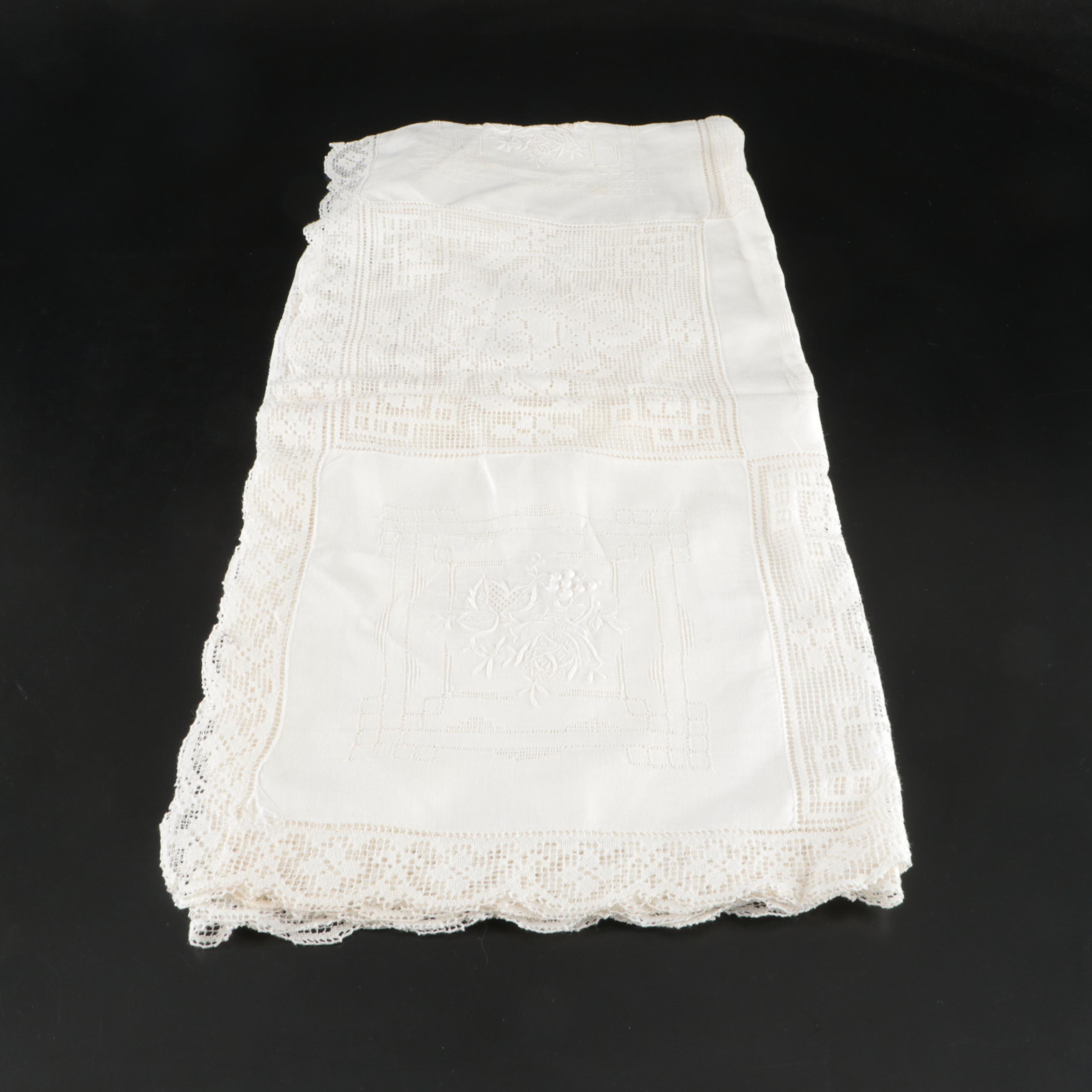 Vintage Lace Paneled Tablecloth with Embroidered and Other Table Linens