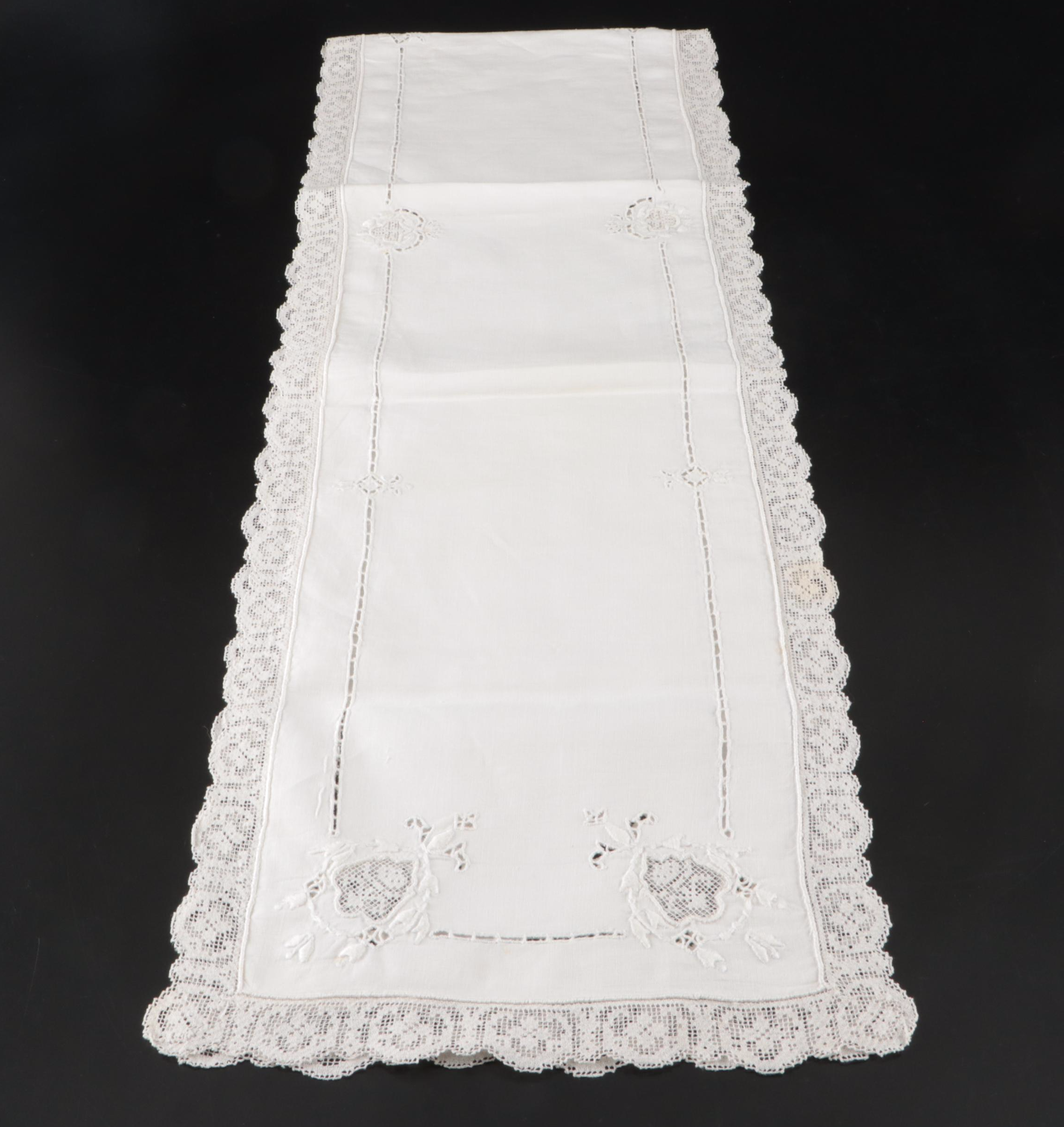 Vintage Lace Paneled Tablecloth with Embroidered and Other Table Linens