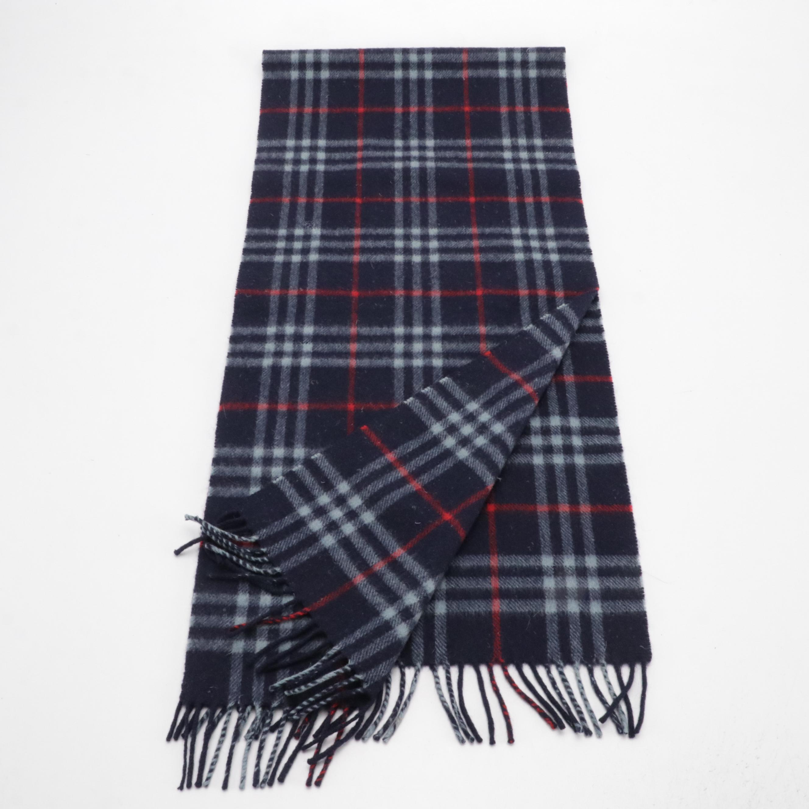 Burberrys Navy Blue Nova Check Cashmere Fringe Scarf