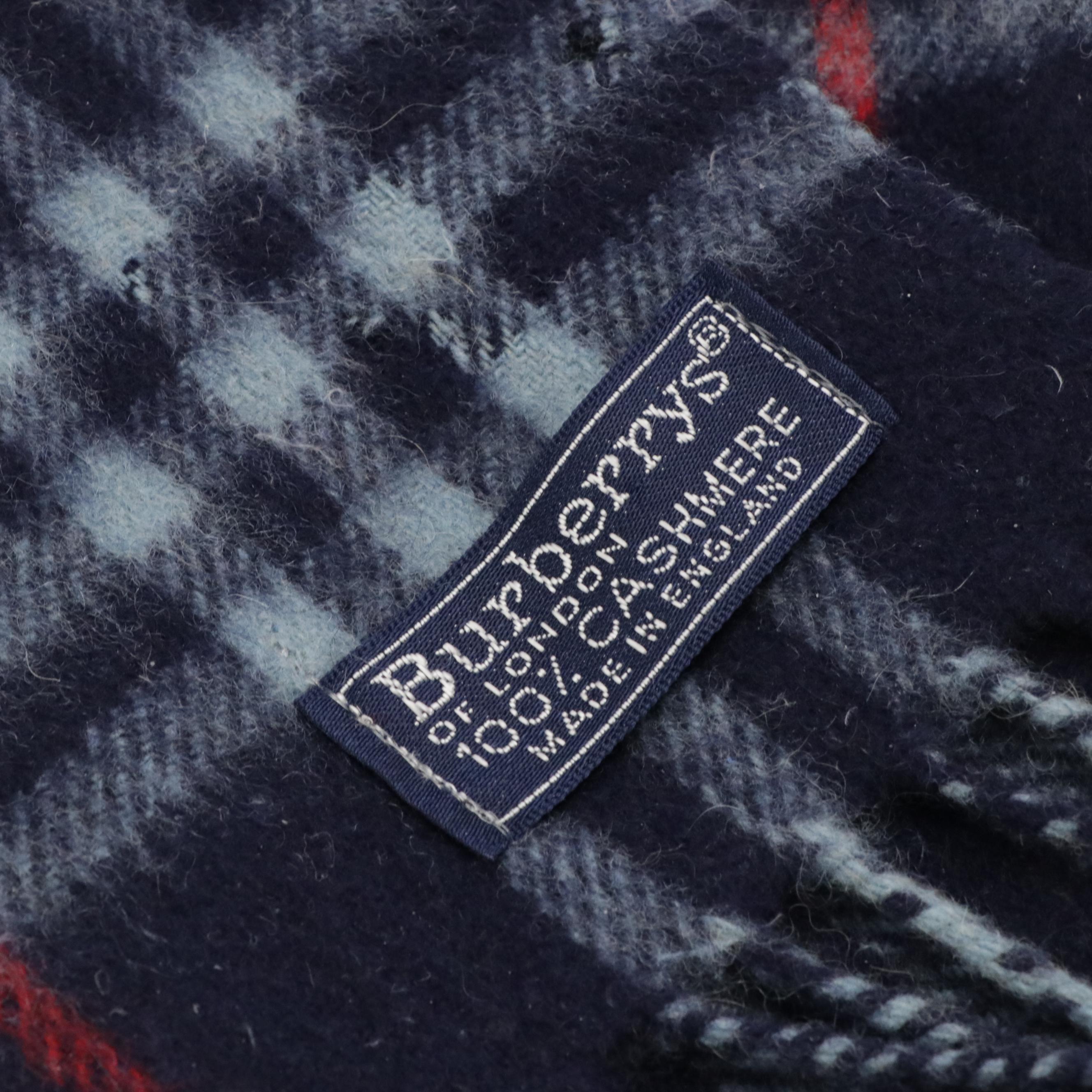 Burberrys Navy Blue Nova Check Cashmere Fringe Scarf