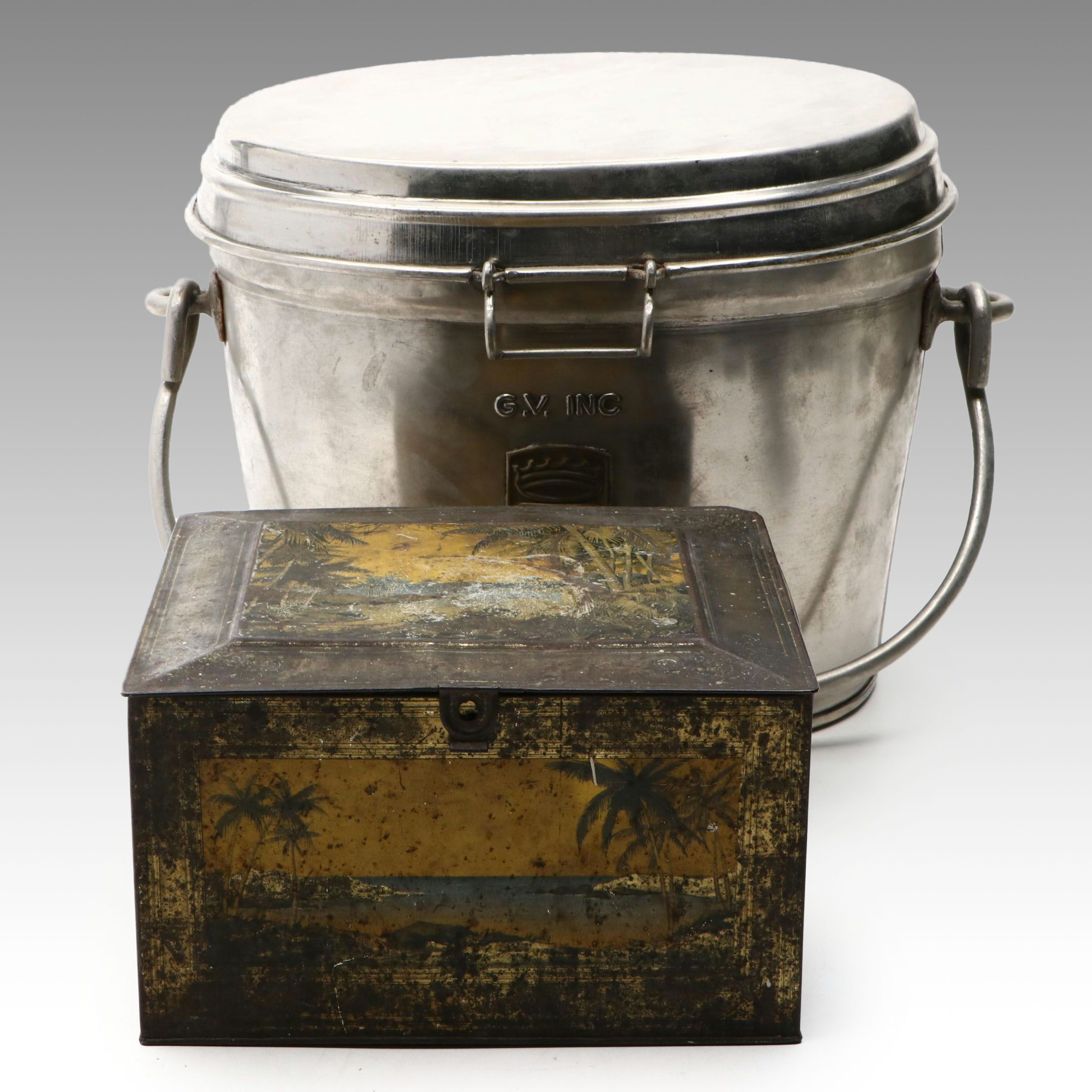 Cincinnati Glove Soap Co. Tin Box and Metal Champagne Bucket