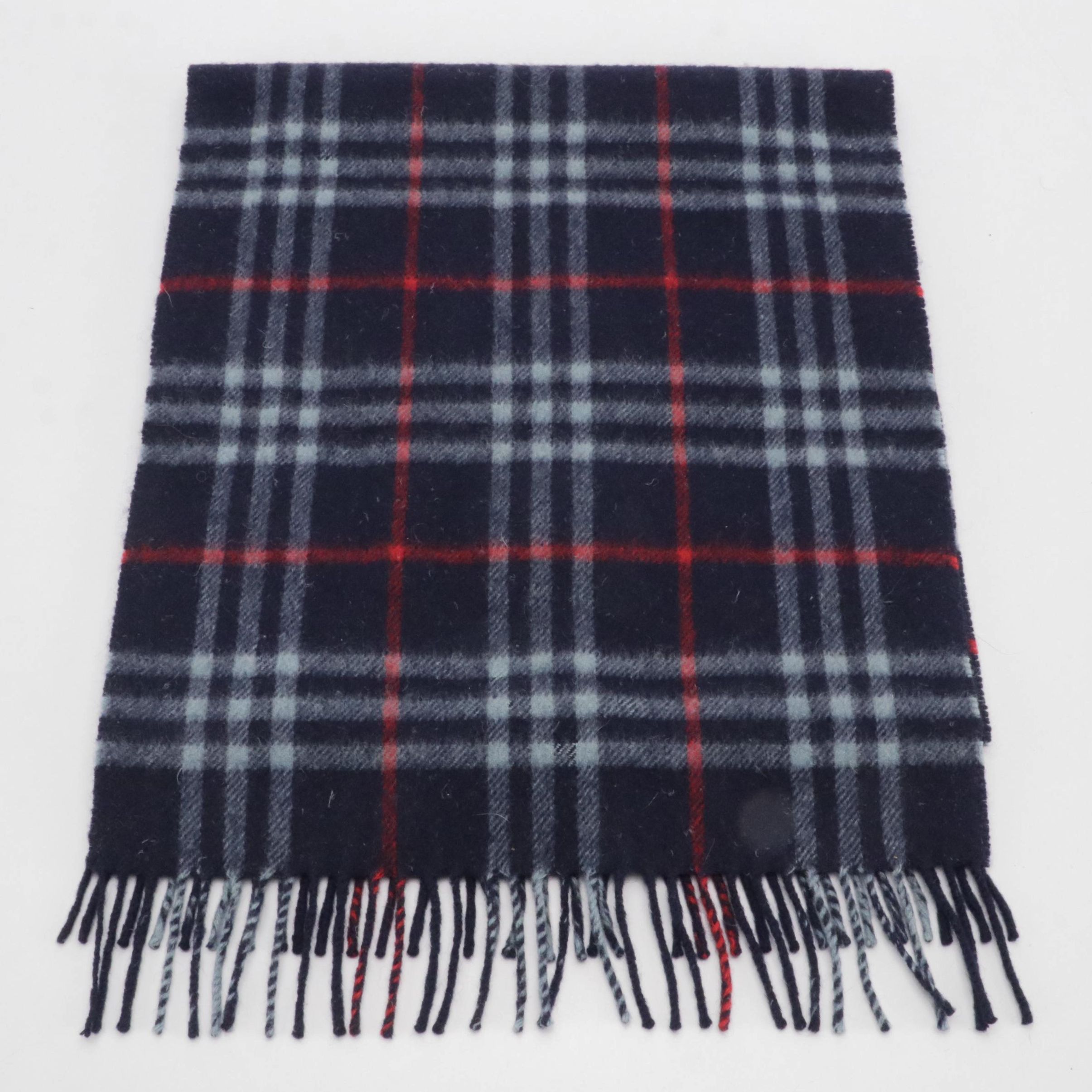 Burberrys Navy Blue Nova Check Cashmere Fringe Scarf