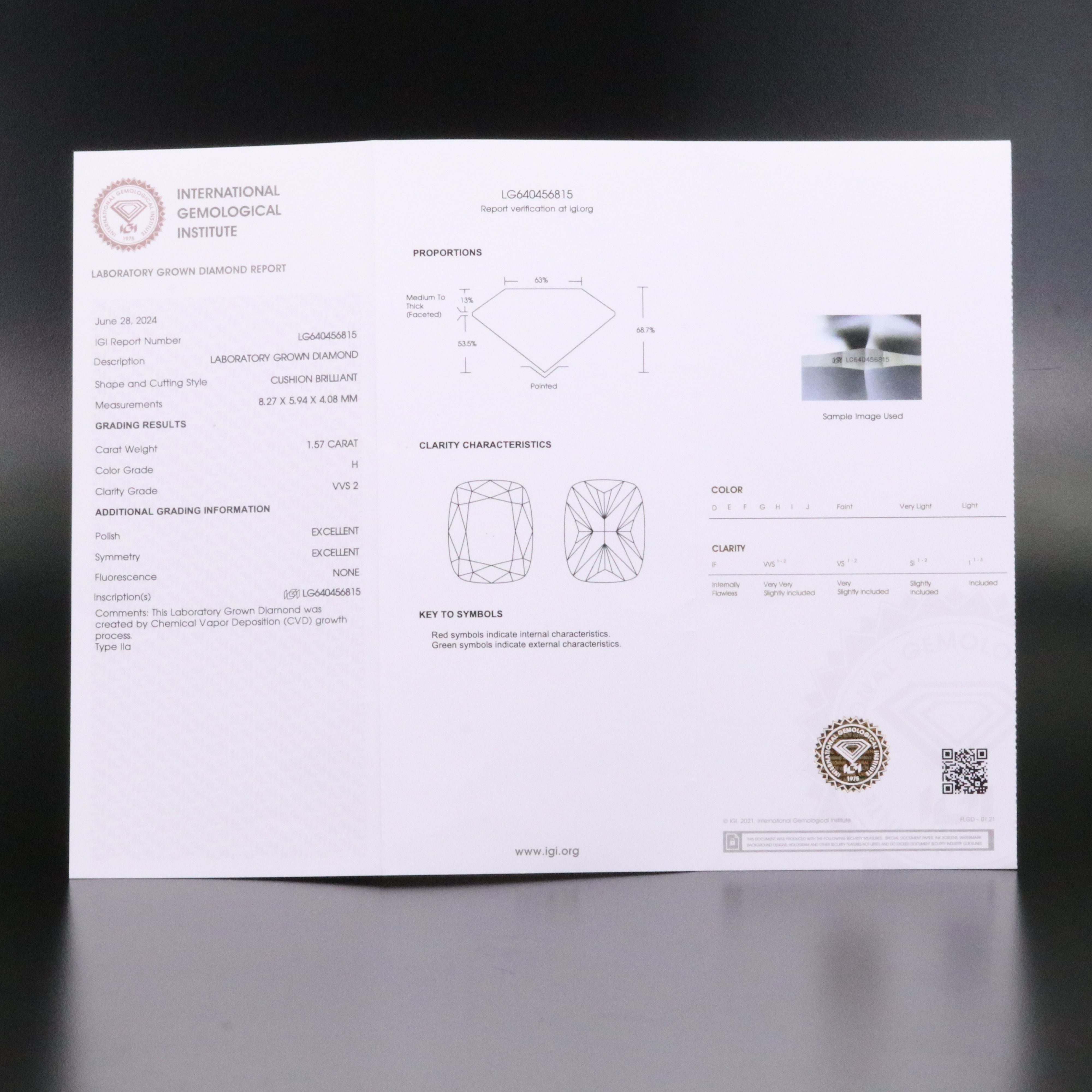 Loose 1.57 CT Lab Grown Diamond with IGI Report