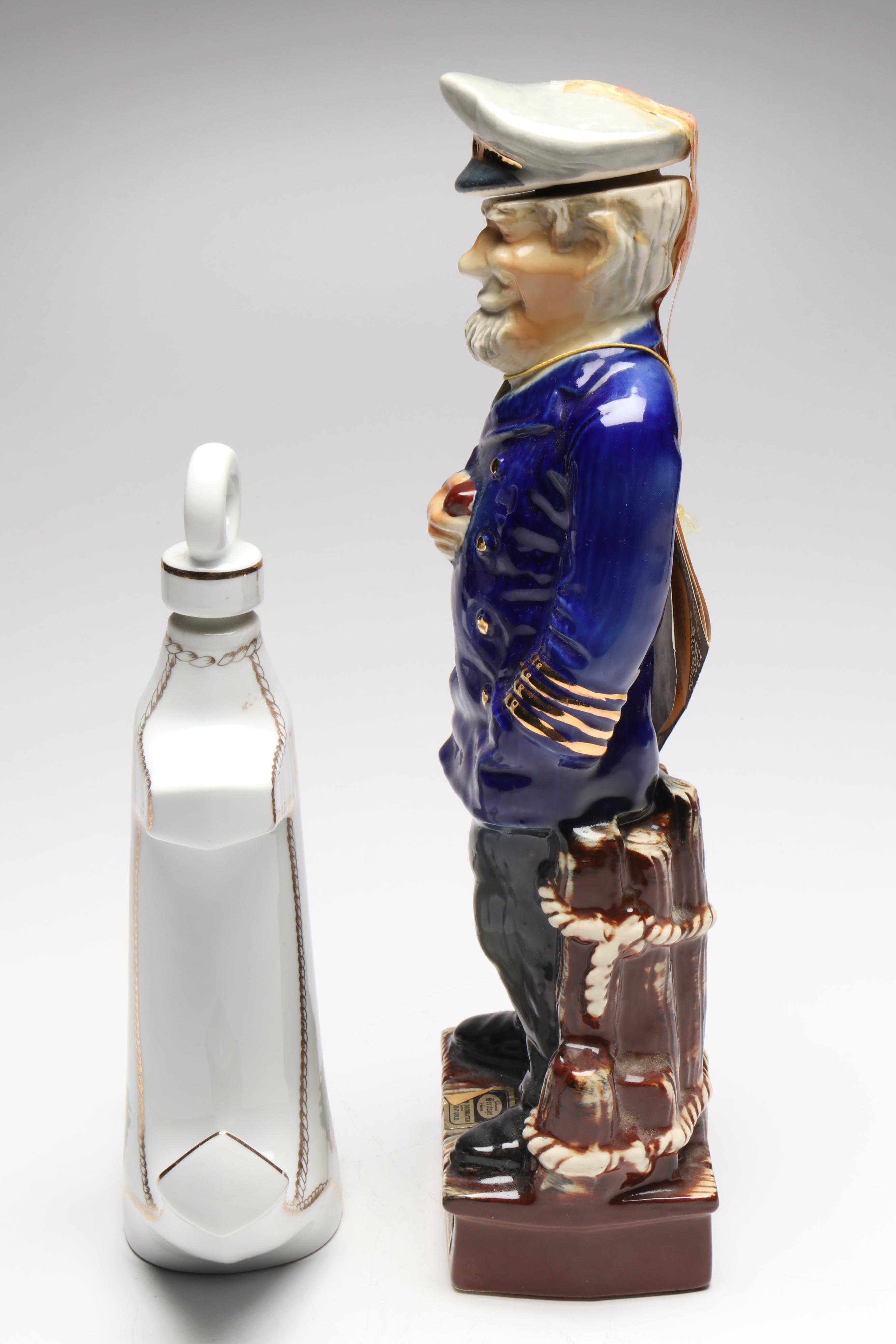 Ezra Brooks Sailor and French Cognac Godet Anchor Gilt Ceramic Decanters