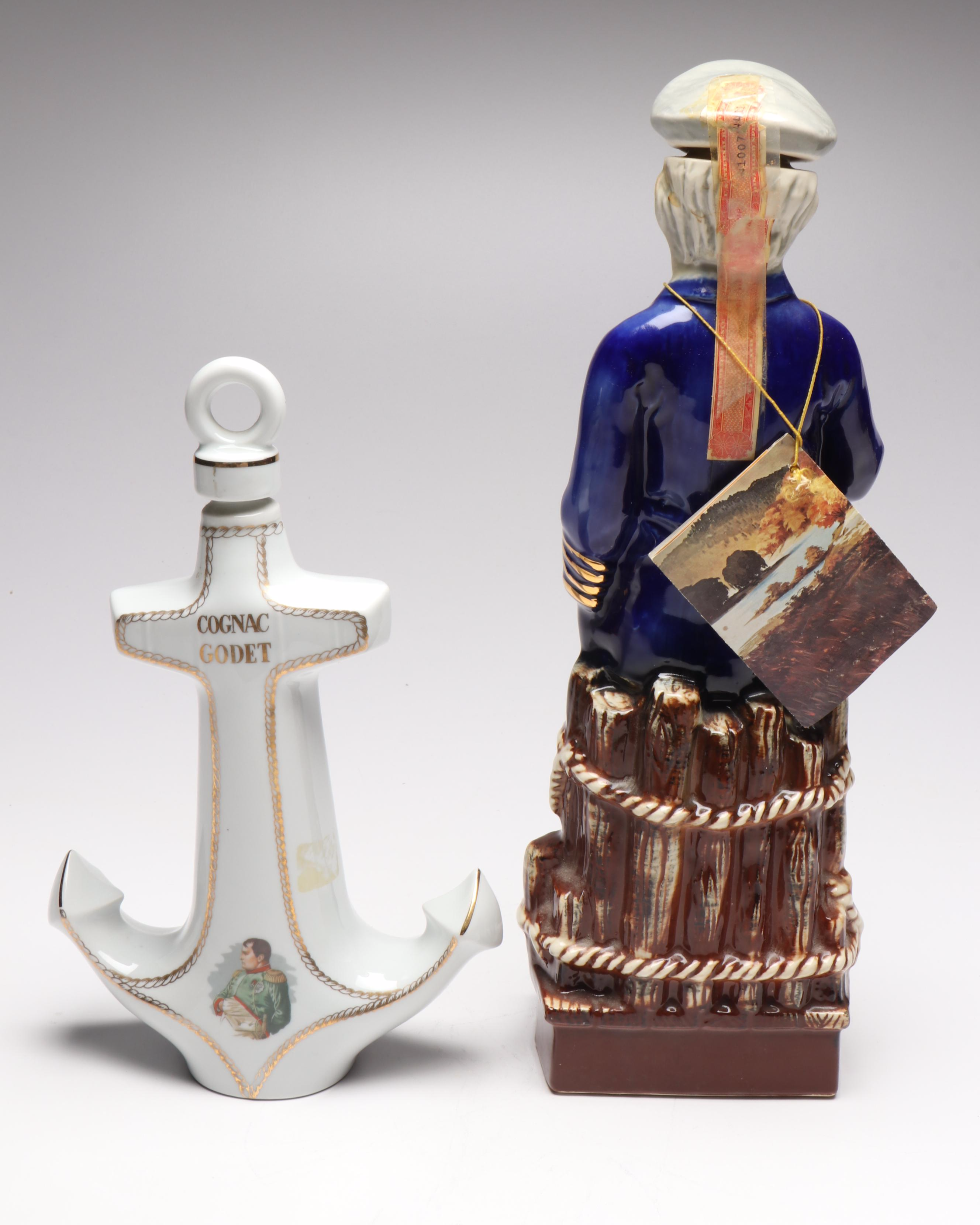 Ezra Brooks Sailor and French Cognac Godet Anchor Gilt Ceramic Decanters