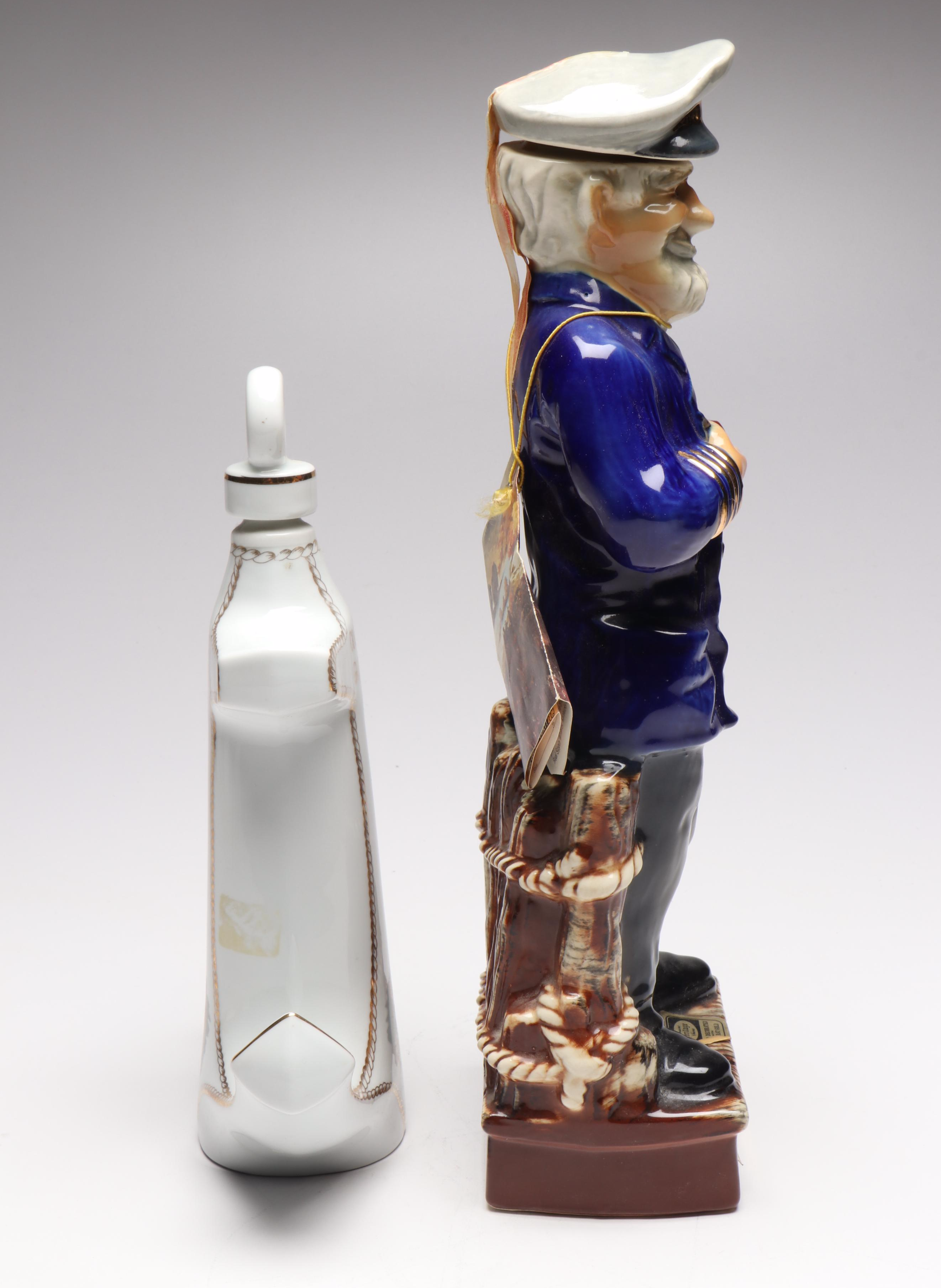 Ezra Brooks Sailor and French Cognac Godet Anchor Gilt Ceramic Decanters