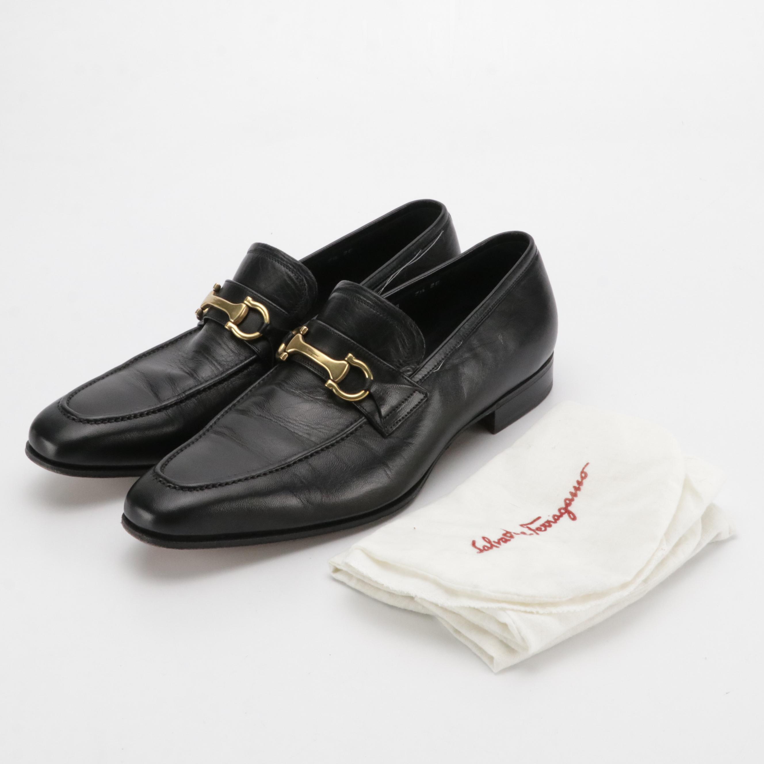 Salvatore Ferragamo Black Lambskin Leather Gancini HorseBit Loafers