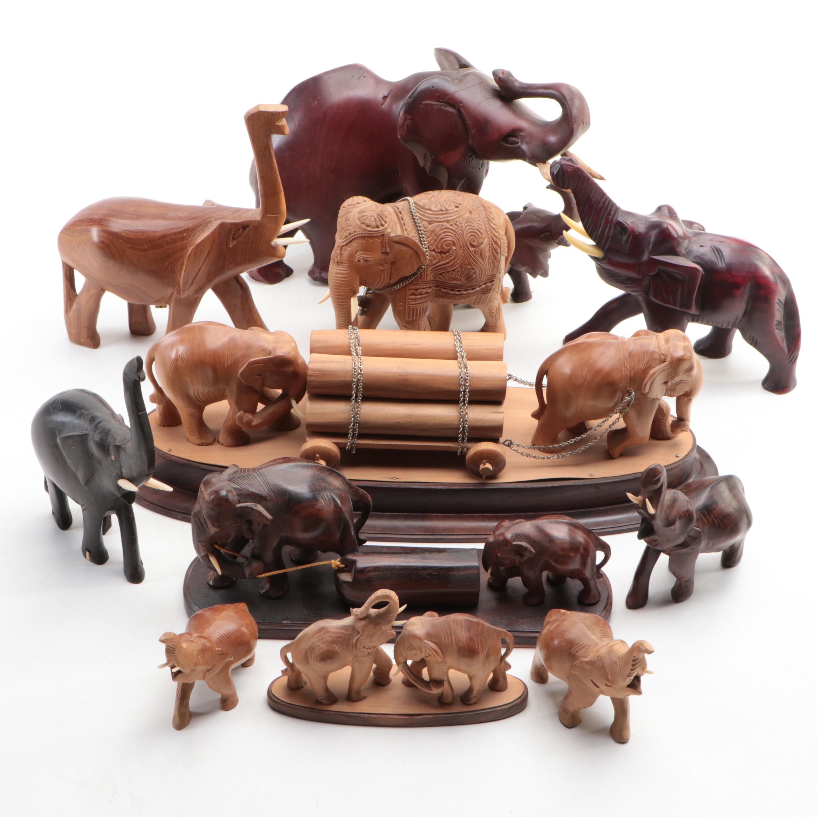 Handmade Carved Wood Elephant Figures